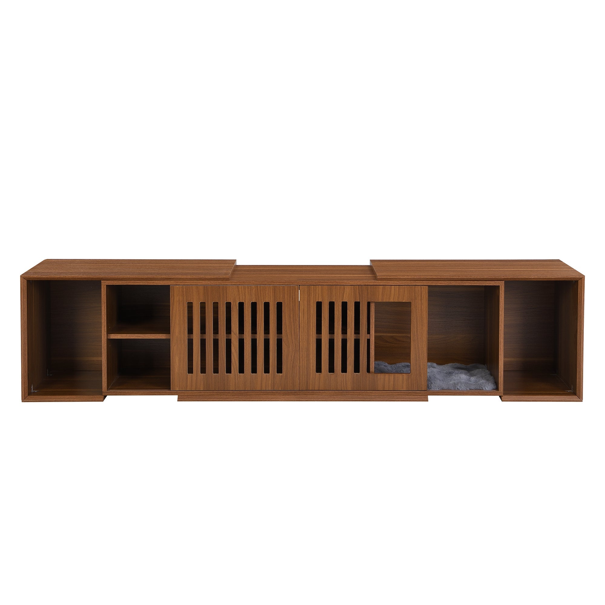 Mid-Century Modern 2 in 1 Cat Furniture, Cat House Litter Box Enclosure Walnut TV Stand With Extendable table, Sliding door. Wood TV Cabinet with Storage