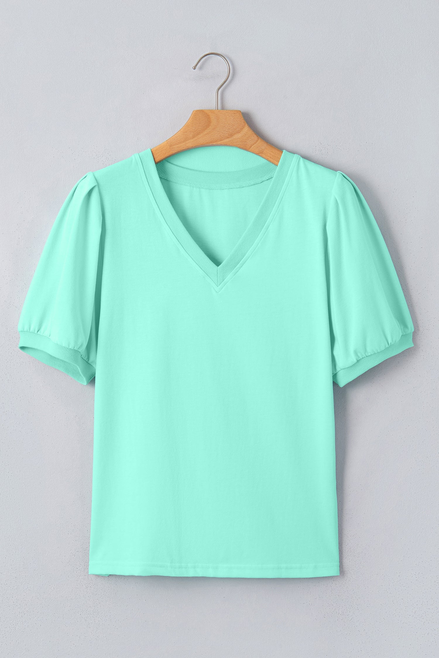 Solid V-Neck Short Puff Sleeve Blouse