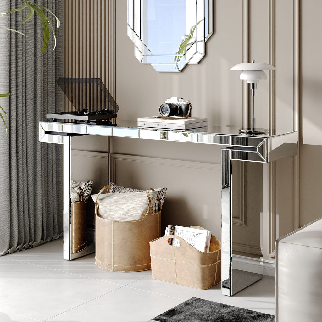 60 Inches Luxury Full-Length Mirror Console Table with Fluted Tempered Glass, Entryway Mirrored Sofa Table, Light Luxury Style, Scratch-Resistant, Reinforced Packaging