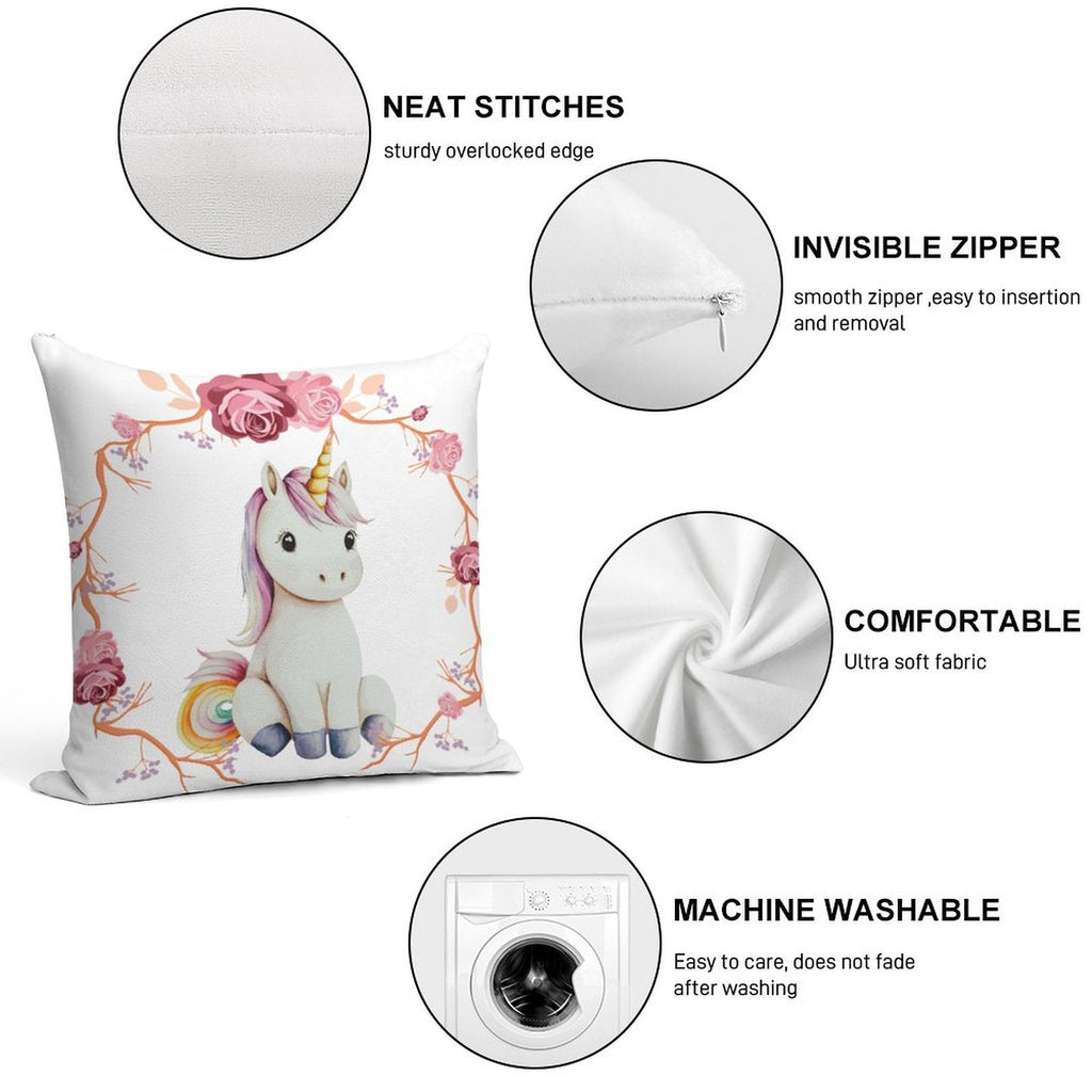 Baby Unicorn with Pink Roses Ultra-soft Pillowcase - 18" × 18"