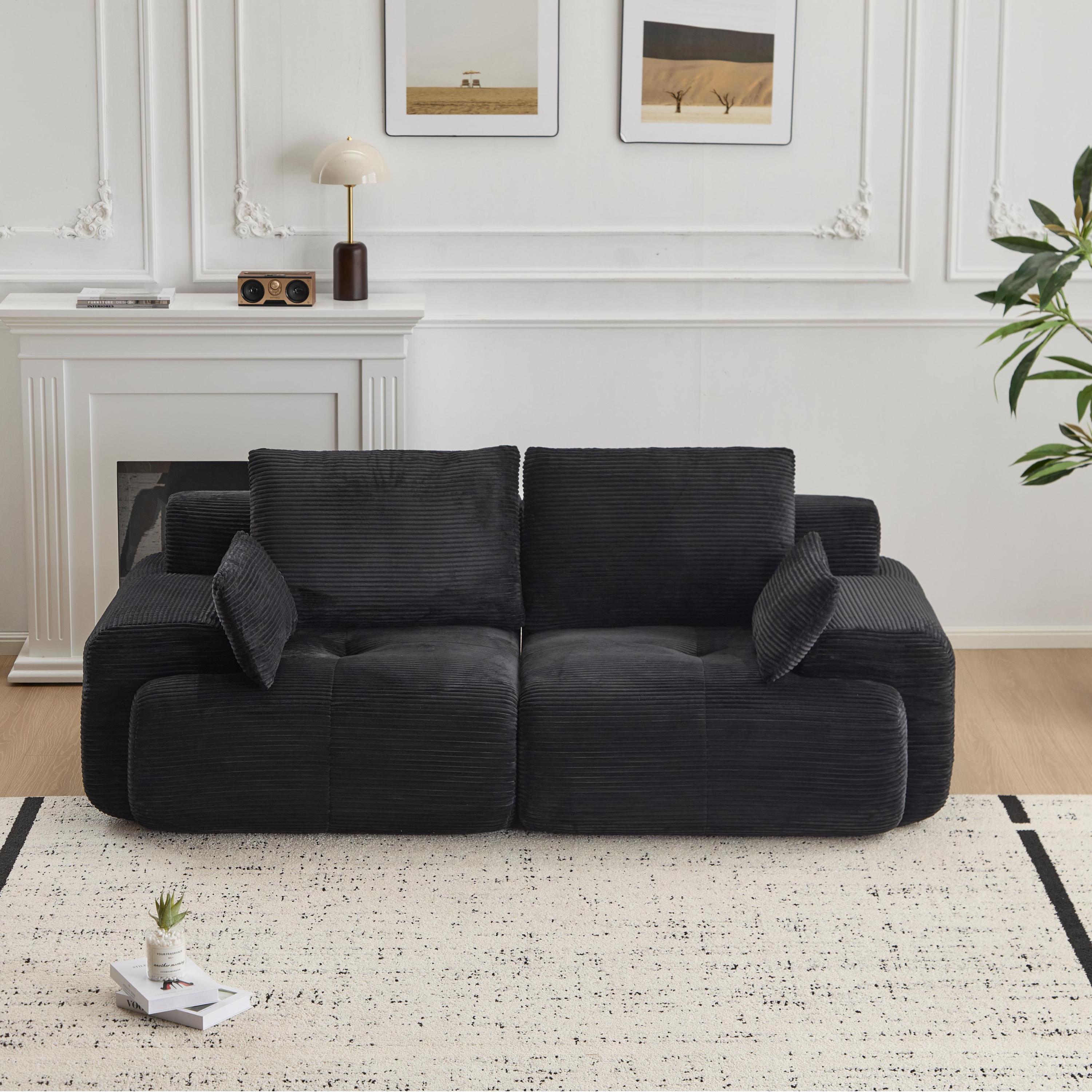 Modern Memory Foam Compressed Sofa,2 Seater Large Sectional Couches for Living Room,Pet-Friendly Cloud Modular Sectional Sofa,Corduroy Fabric,Extra Deep Loveseat,No Assembly required, Black