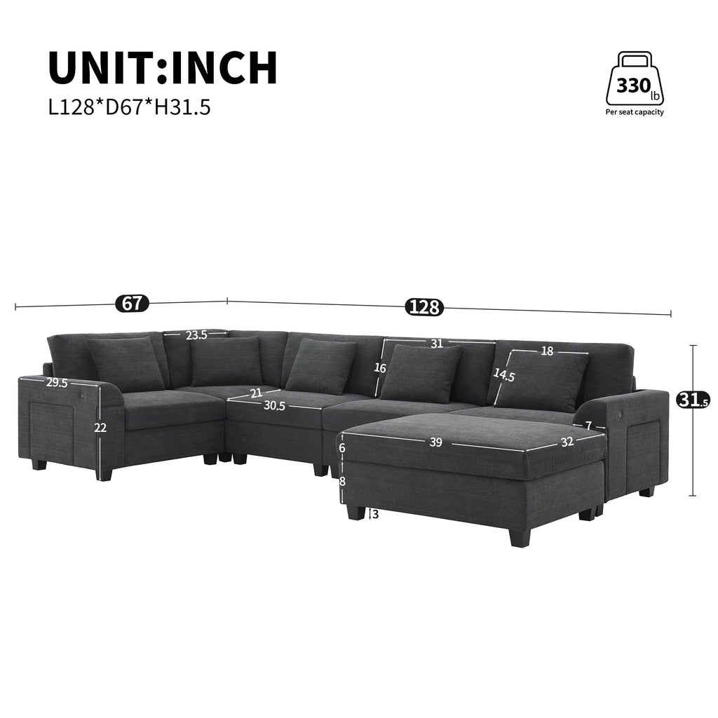 Chenille U Shaped Sectional Sofa with Ottoman and Storage, USB Ports, 2 Colors