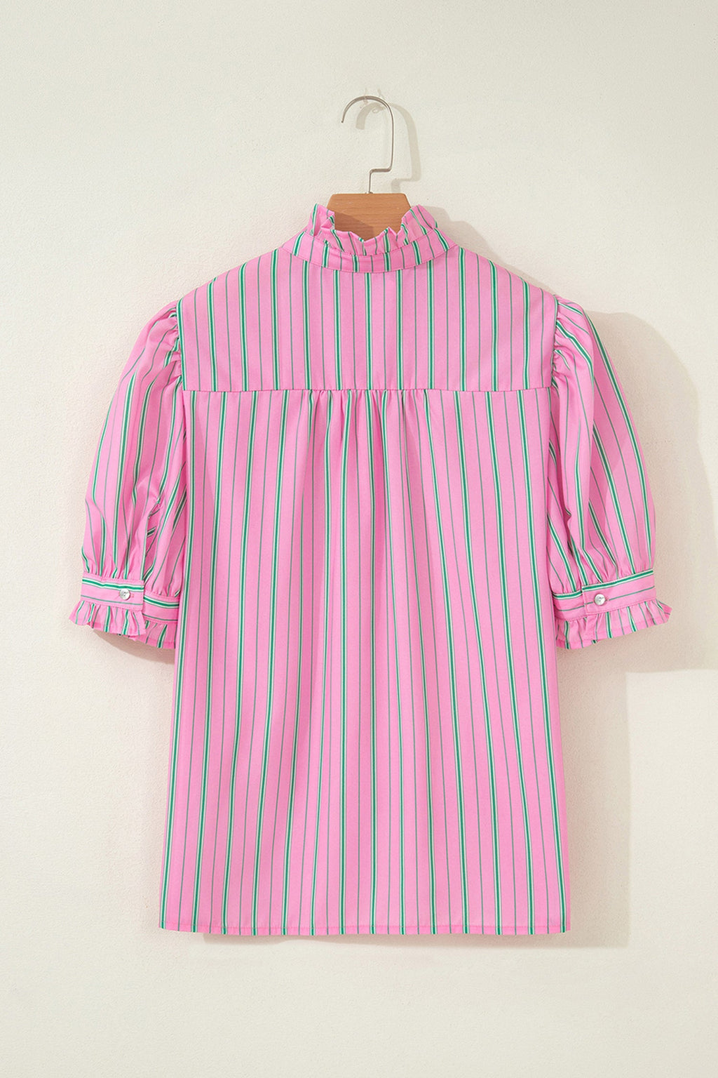 Stripe Ruffle Trim Half Button Puff Sleeve Blouse