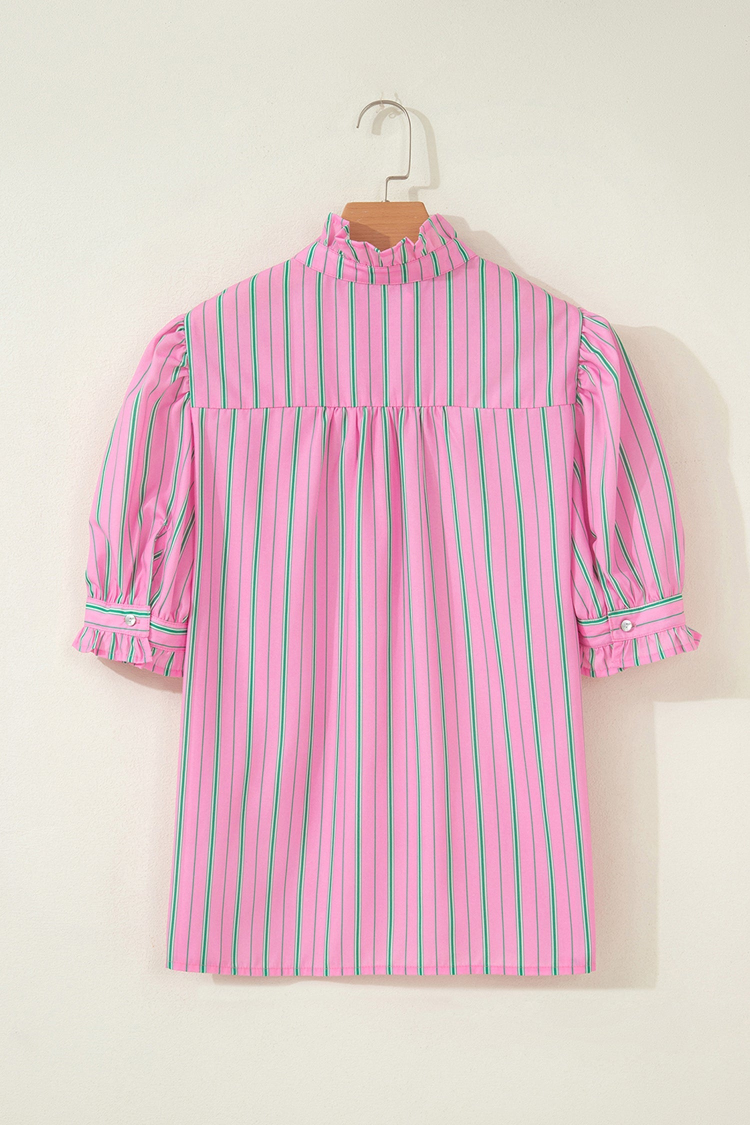 Stripe Ruffle Trim Half Button Puff Sleeve Blouse