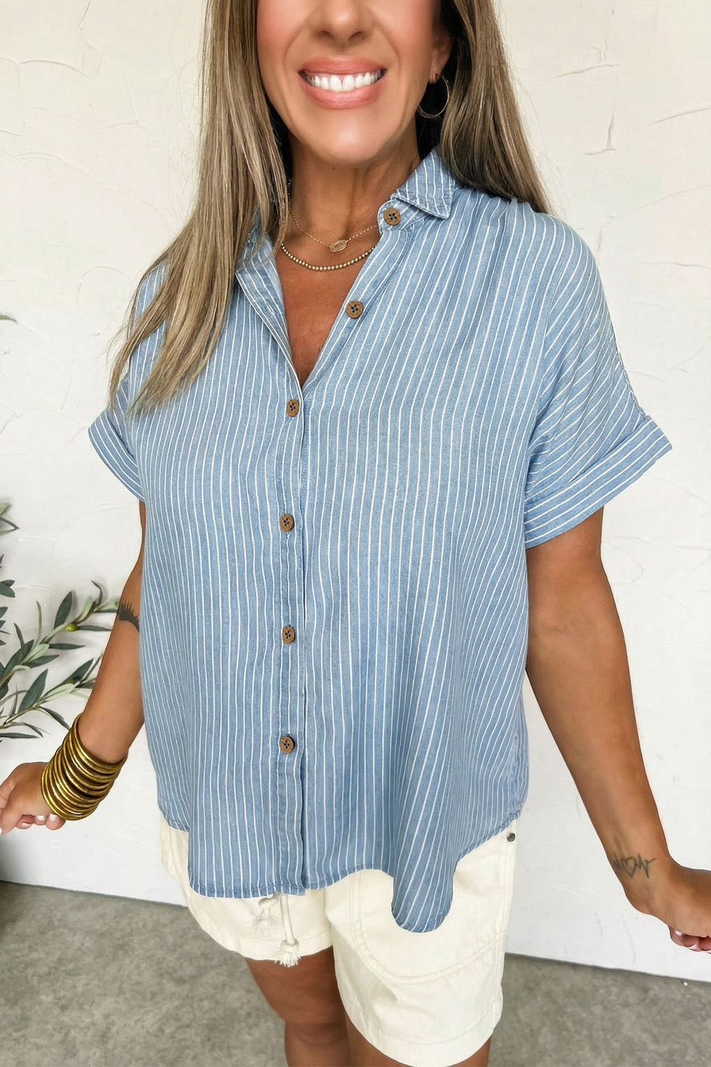 Stripe Cuffed Short Sleeve Button Up Shirt
