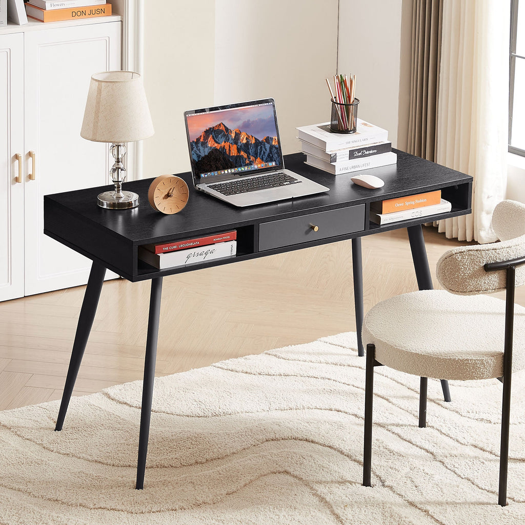 Mid Century Desk with USB Ports and Power Outlet, Modern Writing Study Desk with Drawers, Multifunctional Home Office Computer Desk Black