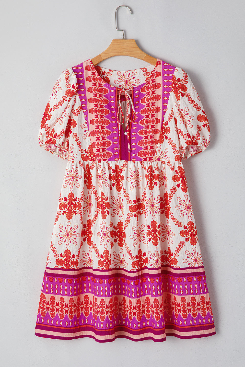 Boho Floral Lace-Up V-Neck Mini Dress