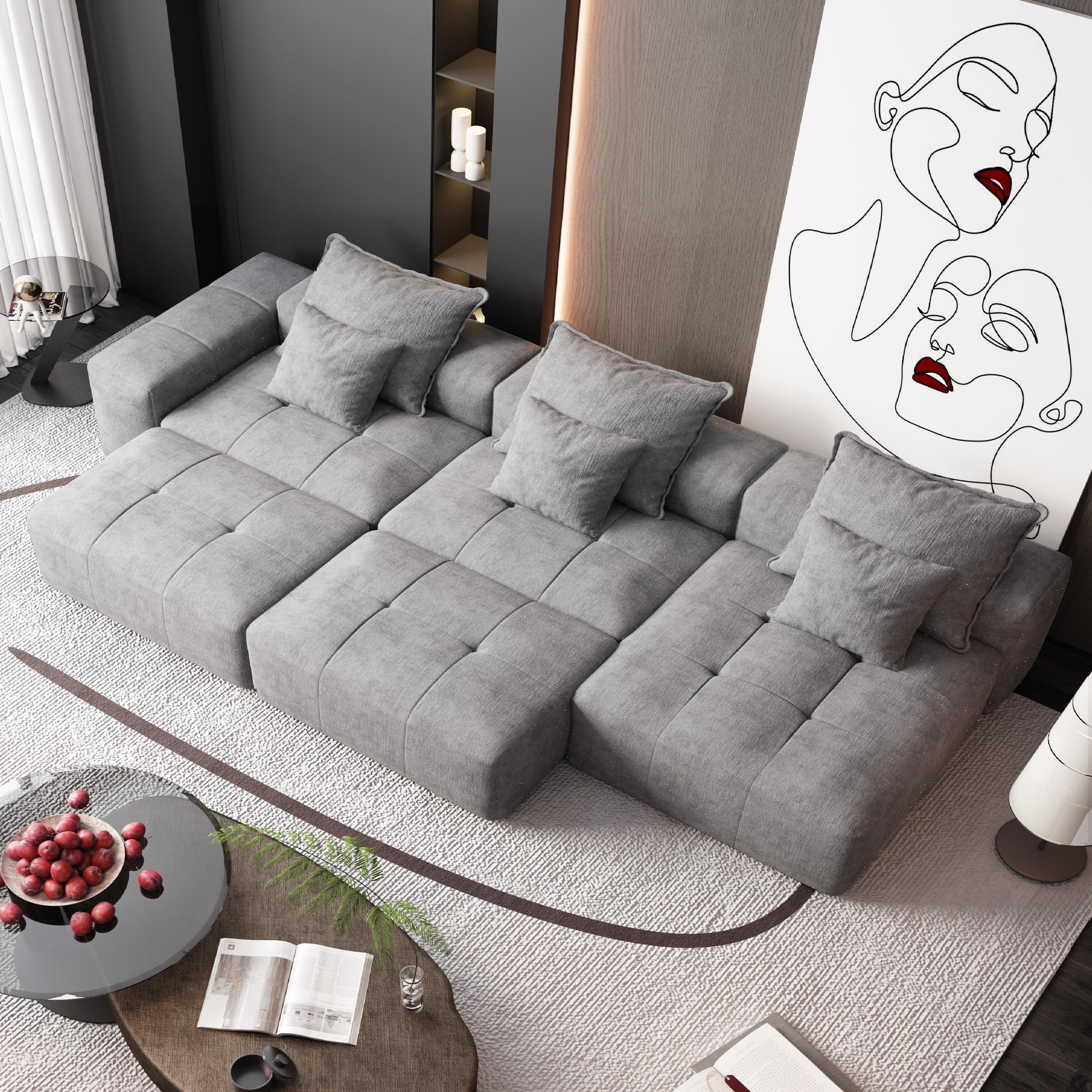 Modern Oversized Modular Sectional Sofa,Sparkling Chenille Fabric Soft Cushion Sofa with 6 Pillows,6 PCS DIY Combination Tufted Sofa,No Assembly Required,GREY
