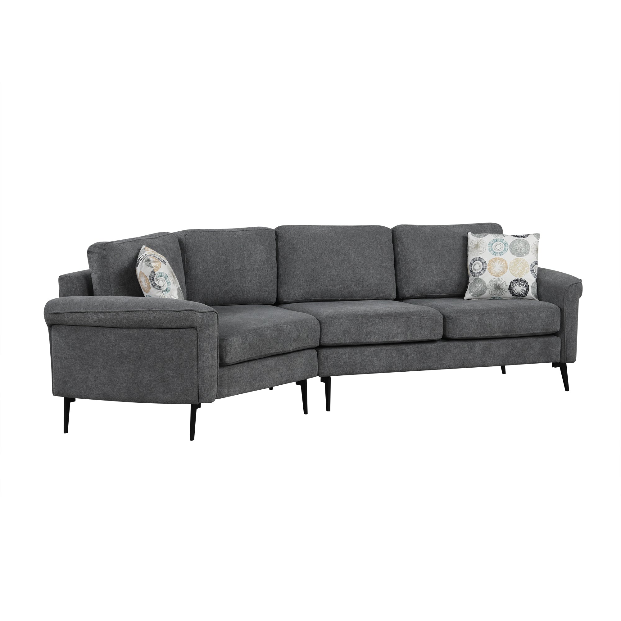 111' Upholstered 3-seater Sofa Curved Sofa Couch with Two Printed Pillows for Living Room, Dark Gray