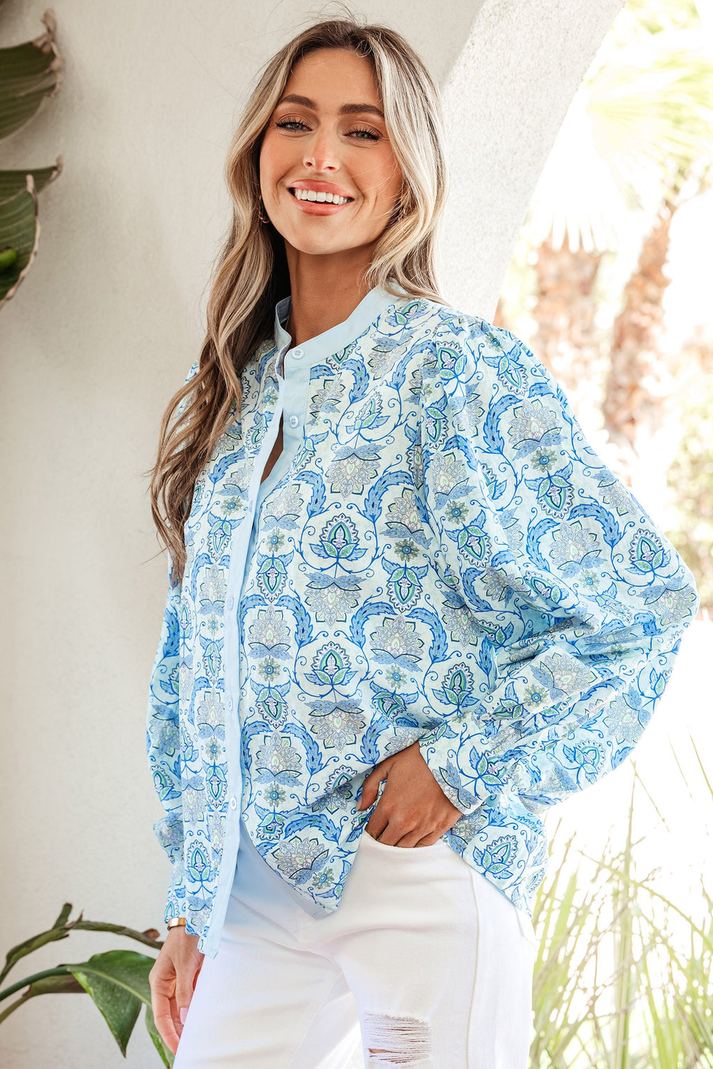 Paisley Long Puff Sleeve Buttoned Shirt