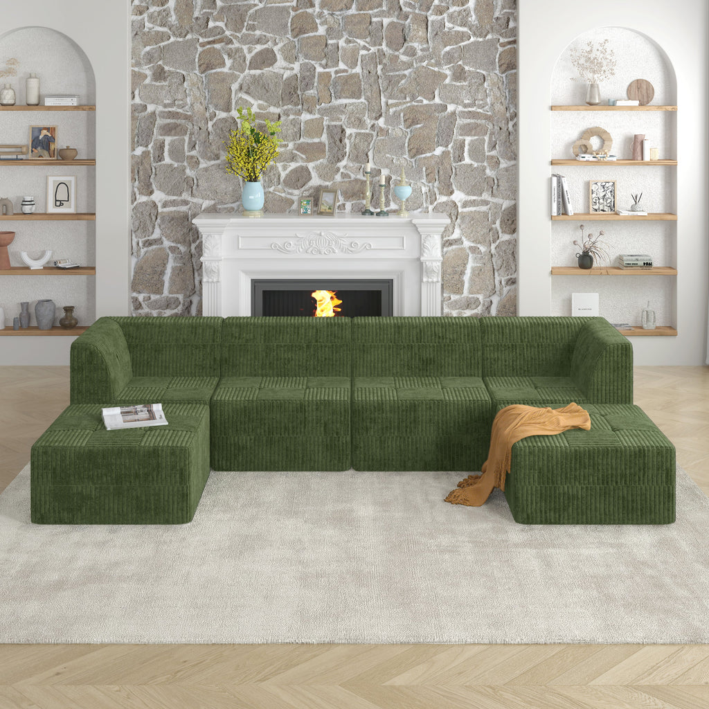 U shape Modular Sectional Sofa, Compressed Sectional Sofa Modern Minimalist Style Corduroy Couch, Sleeper Sofa for Living Room, Bedroom, Comfy Compressed Sofa Couch Space-Efficient Design-GREEN