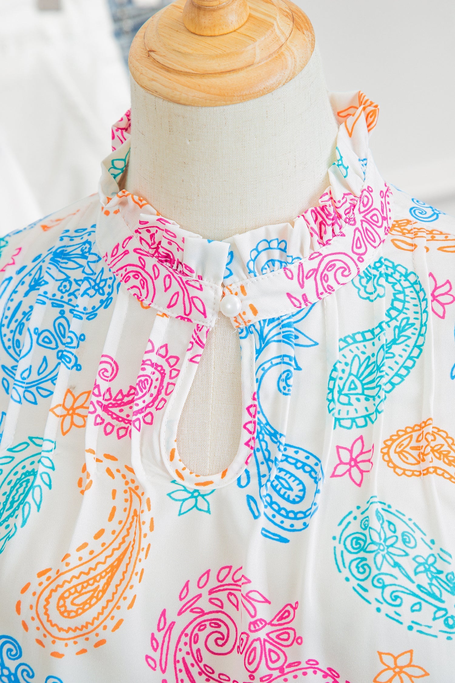 Paisley Button Keyhole Puff Sleeve Blouse