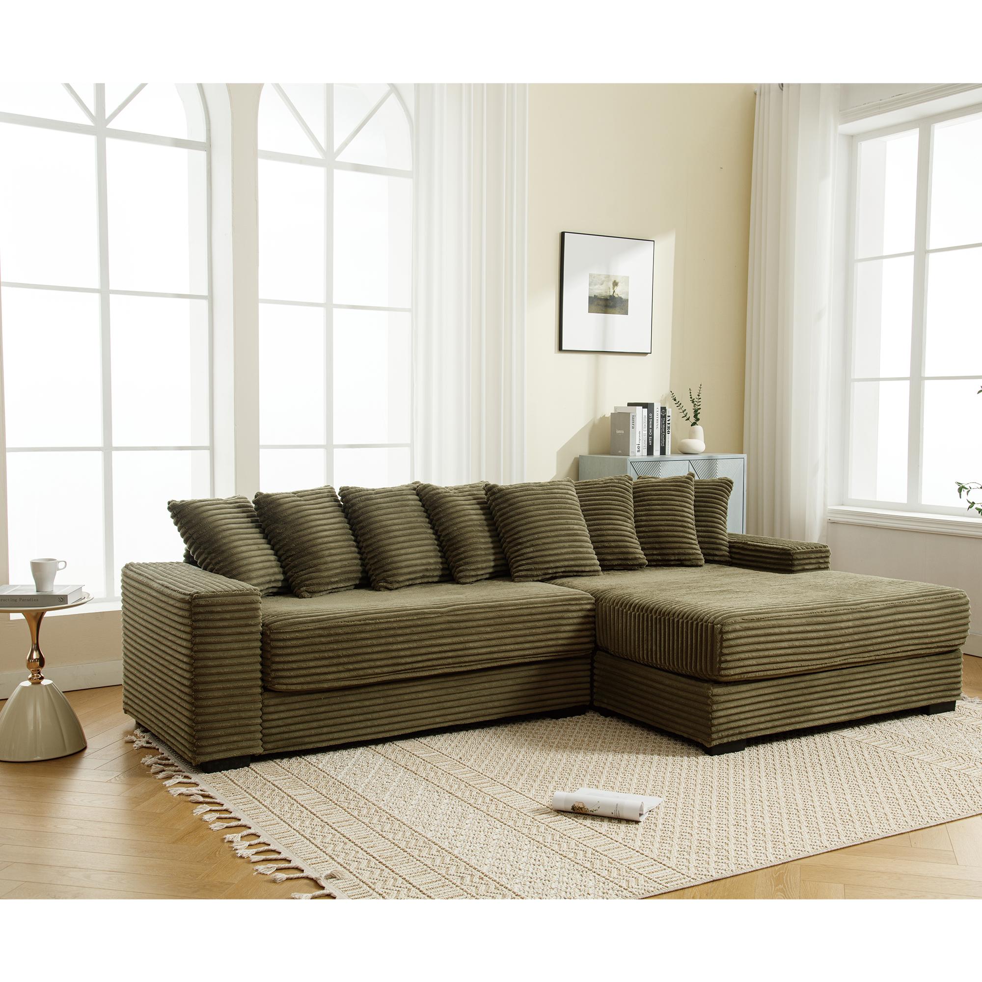 [NEW ARRIVED] [VIDEO PROVIDED] Oversized Two-Piece Couches, L Shaped Sofa, Corduroy, Right Chaise Daybed,with Armrests,Eight Throw Pillows,Corner Sofa,Easy To Assemble, Green