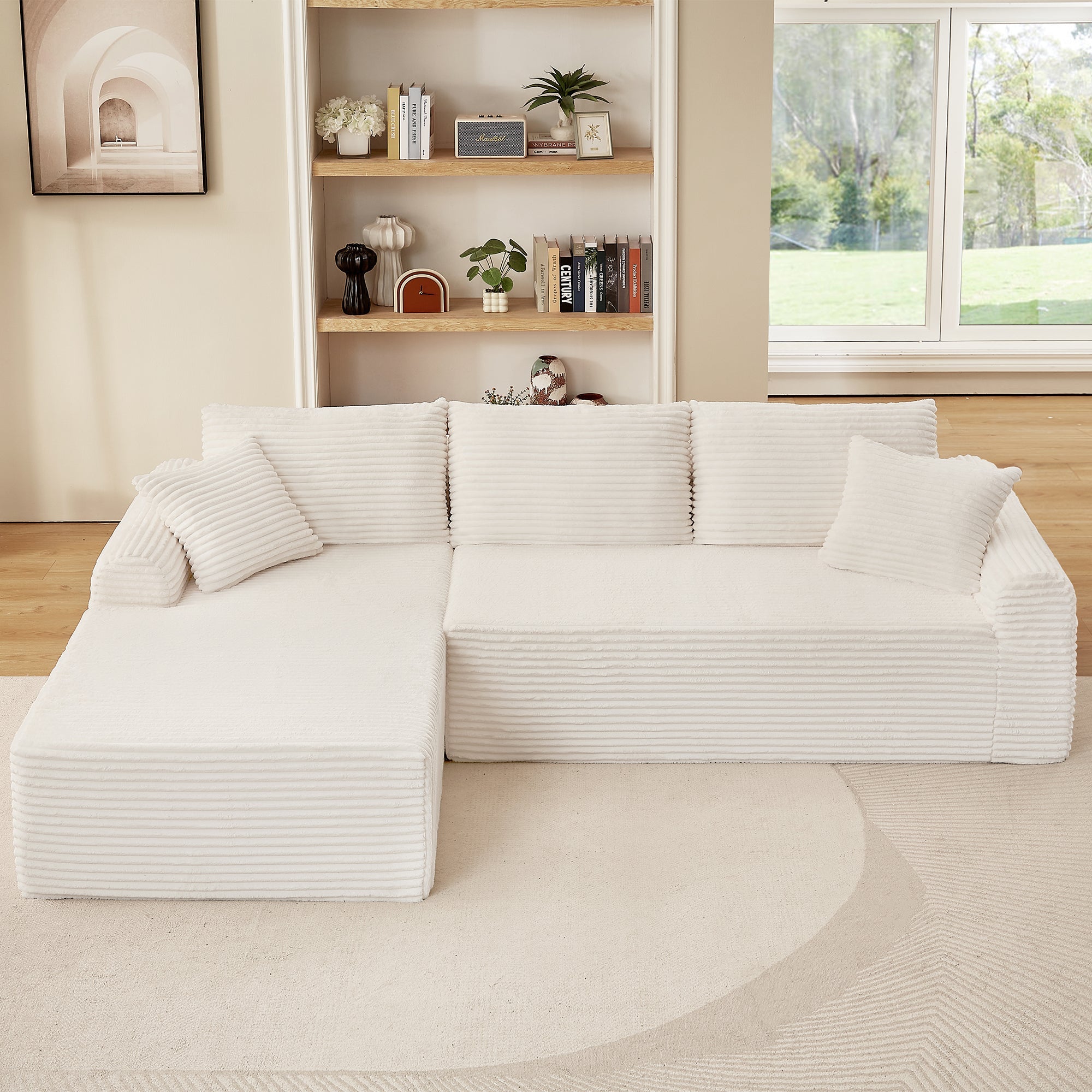 Full-Compression Chaise Lounge Set – Modular Corduroy Sectional with Arched Armrests, Non-Slip Base, Includes 3 Back Cushions & 2 Throw Pillows