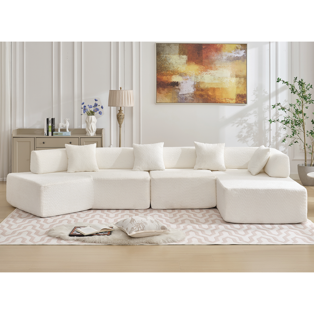 [NEW ARRIVED] [VIDEO PROVIDED]Modern Minimalist 140' L-Shape Couch ,No Assembly Required,Boucle,Modular Sofa ,Couch with Chaise,Free Combination Foam-Filled Sofa, 4 Seats,White
