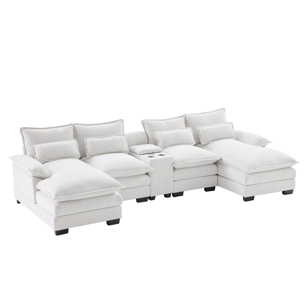 Modern U-shaped Sofa with Console, Cupholders & USB Ports, 6-seat Upholstered Furniture, Chenille, 123*55 inches, White
