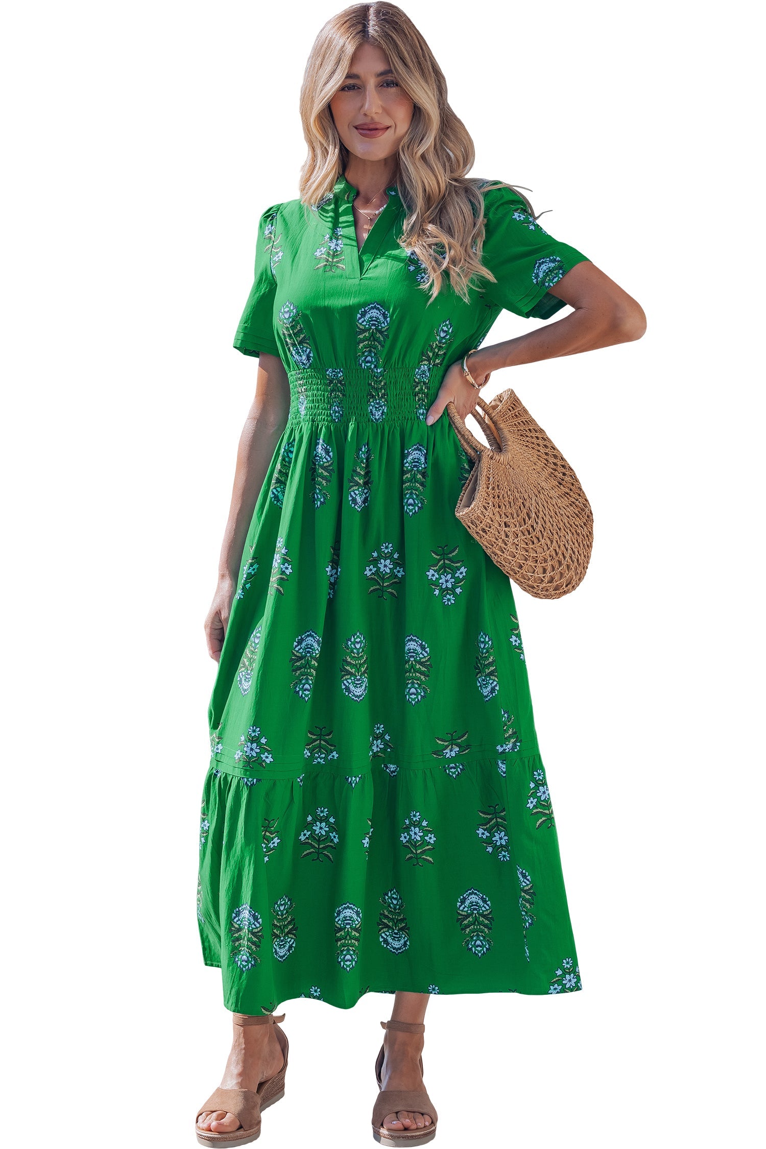 Floral Split Neck Shirred High Waist Maxi Dress