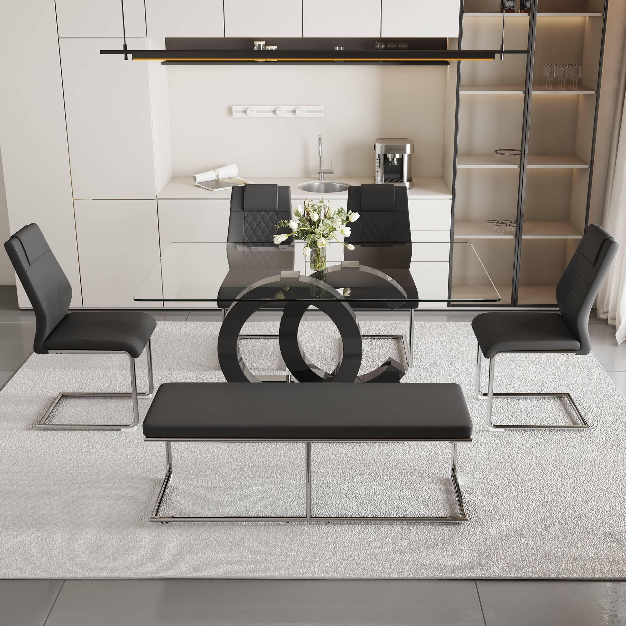 Table and chair set. Luxury Tempered Glass Dining Table Set - 63'x35.4' With 4 Chairs and 1 Bench,A Choice of Subtle Luxury for Modern Homes.Tempered Glass Tabletop,MDF OC Shaped Bracket.W1151S02896