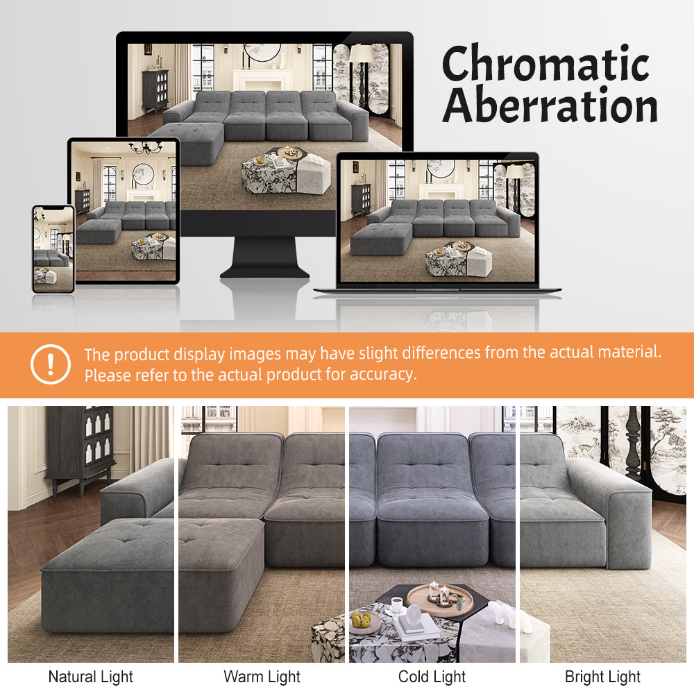 143.7' Modular Sectional Sofa Set with Removable Ottoman,Tufted Design, Deep Seat Couch, Chaise & Accent Chair,Modern DIY Sparkling Chenille Sofa for Living Room, Apartment, Office
