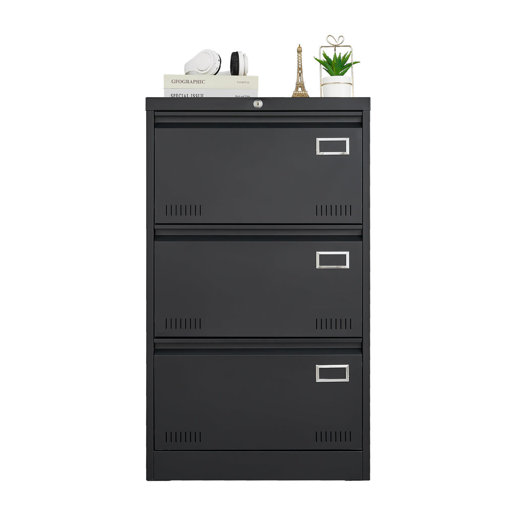 Black Metal 3-Drawer Lateral Filing Cabinet with Lock for Home and Office