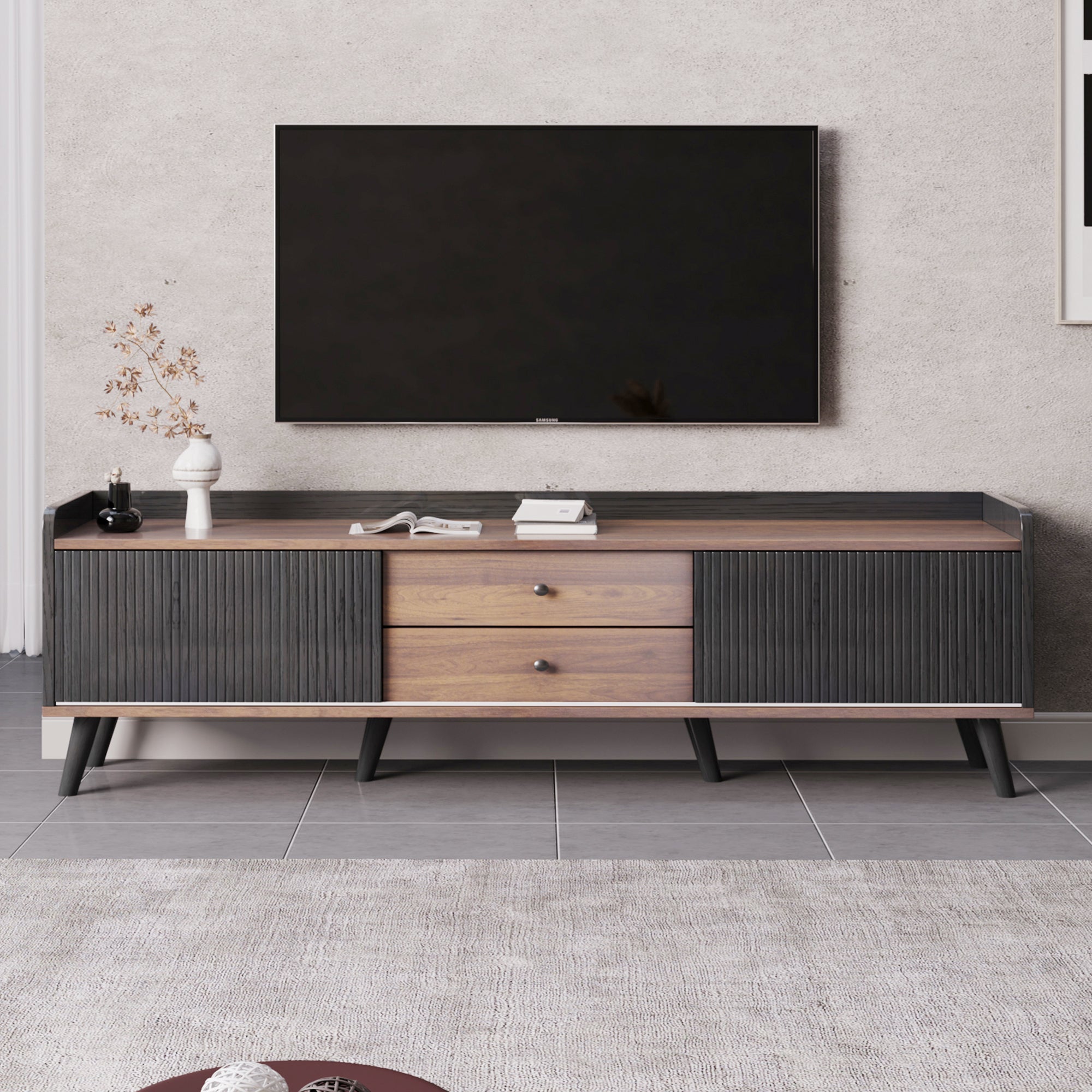 63'' Mid Century TV Stand with 2 Cabinets&  Open Compartments, Entertainment Center for TVs up to 70'', Television Console for Living Room, Bedroom, Home Theatre