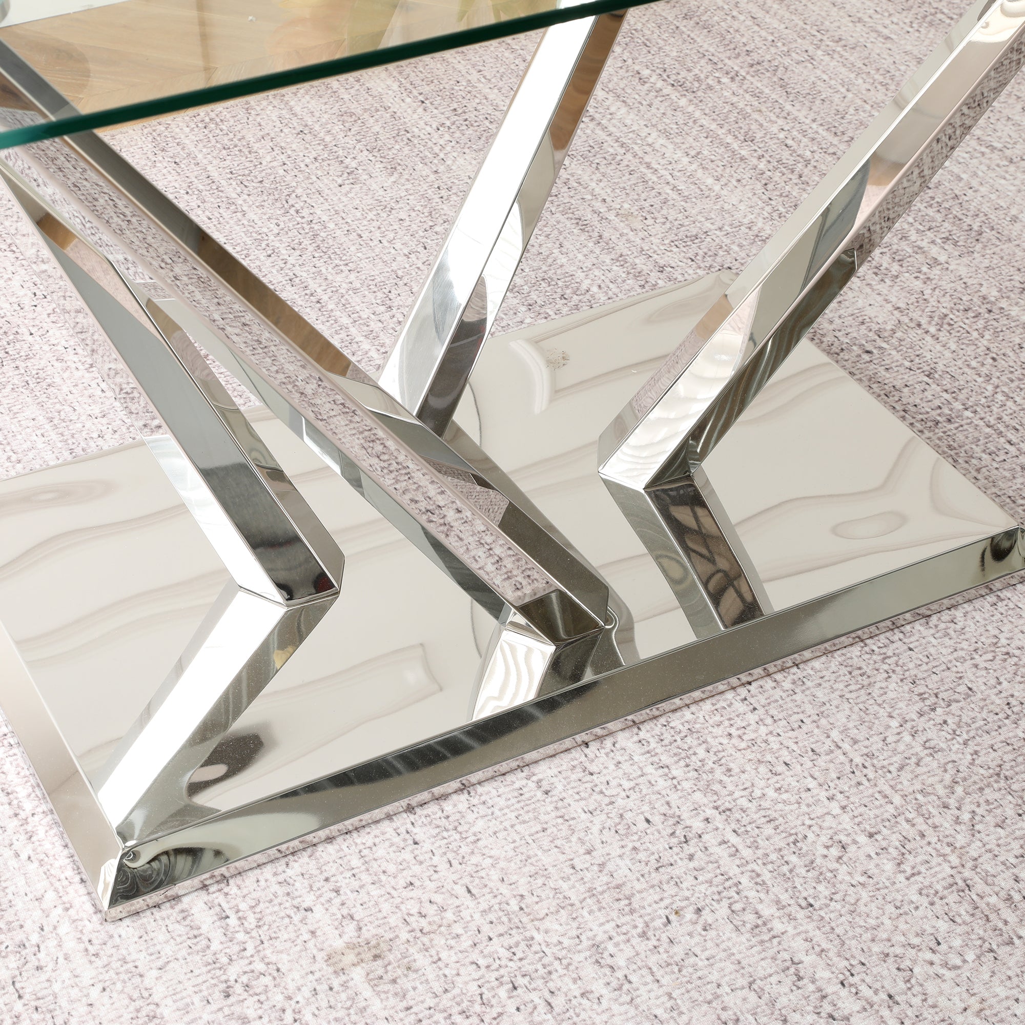 Modern style glass dining table, elegant transparent design, sturdy stainless steel base, Light gray dining chairs set, electroplated chair legs, suitable for dining room and kitchen (set of 7)