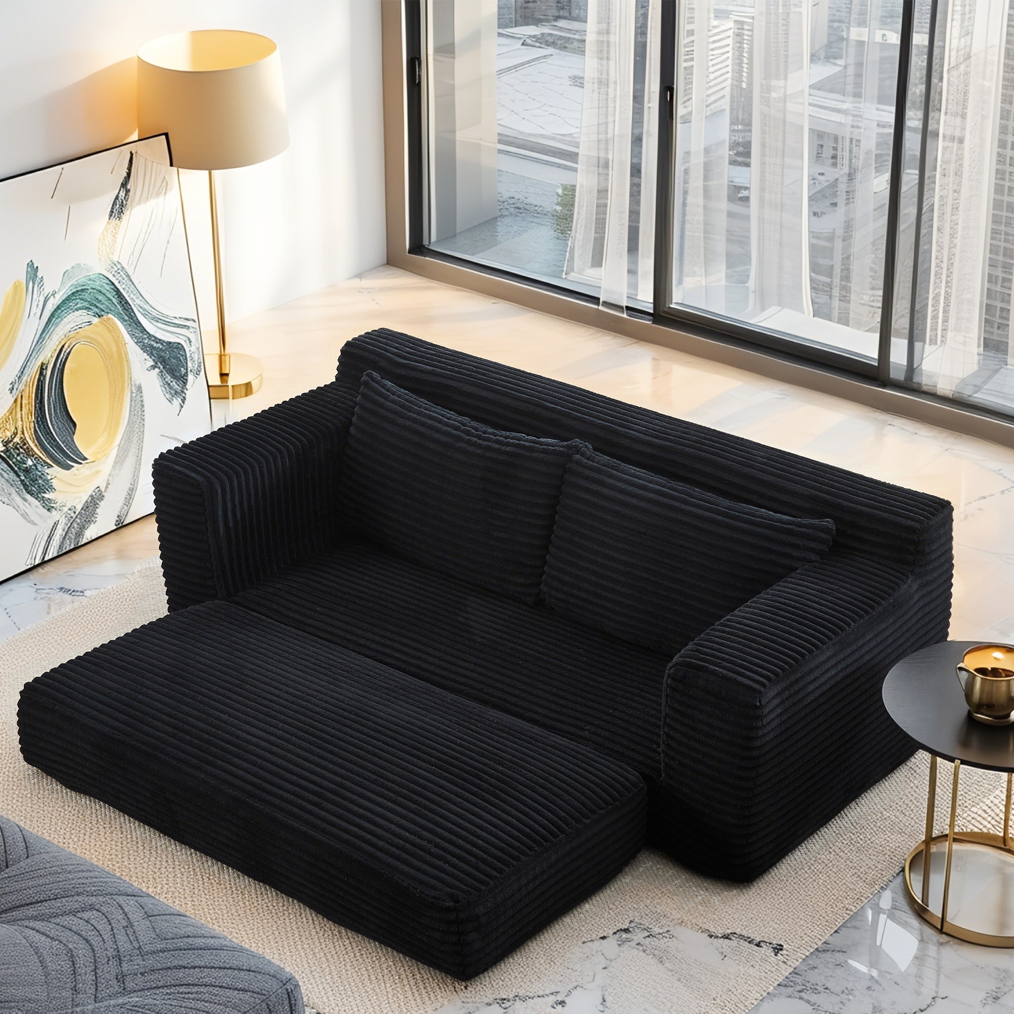 Loveseat Sofa  with Memory Foam & Steel Frame - No Assembly, Convertible 2-in-1 Design, Corduroy Fabric - Compact Couch for Small Spaces, Apartments, Home Office & Bedroom (Black)