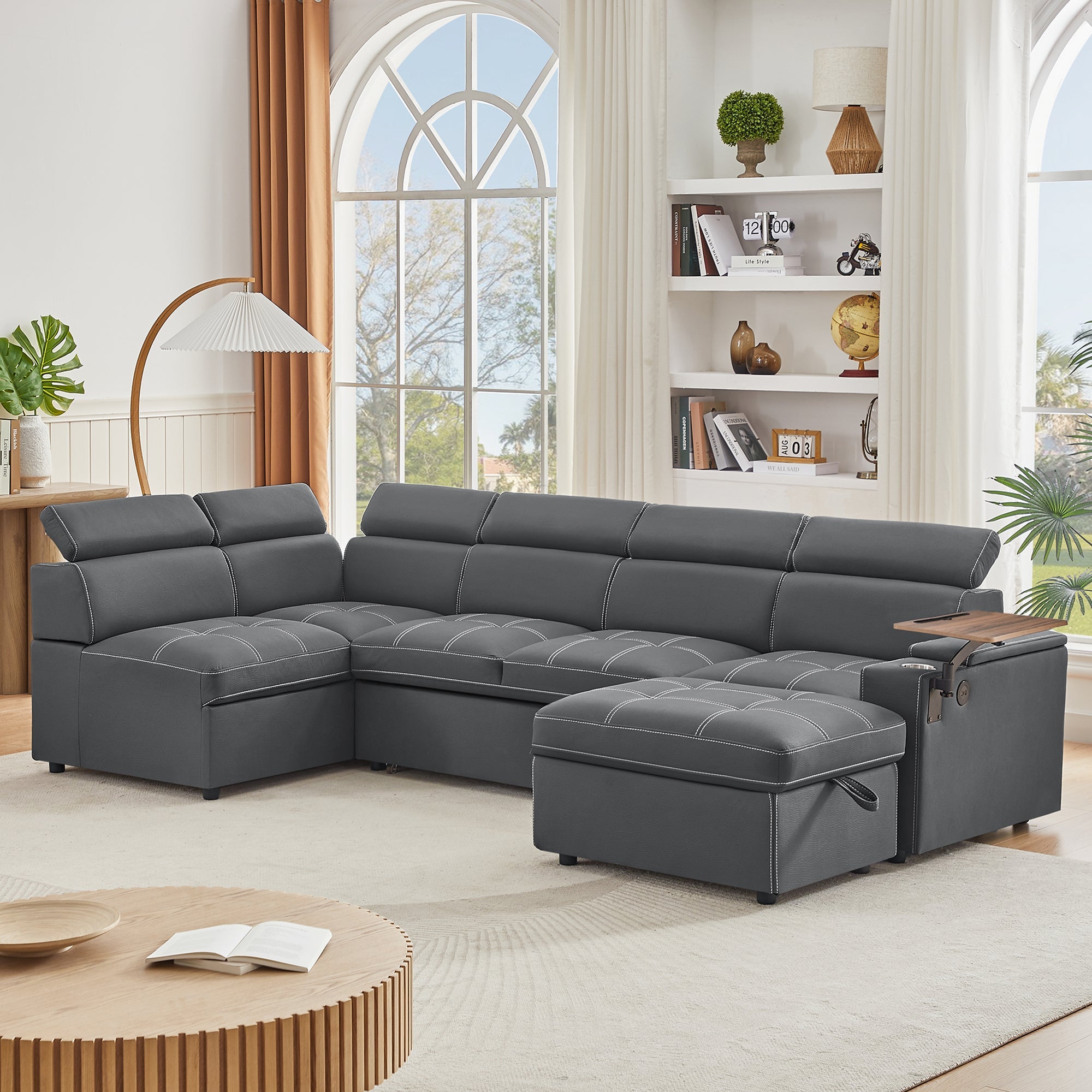 Grey Fabric Sectional Sofa with Storage Ottoman