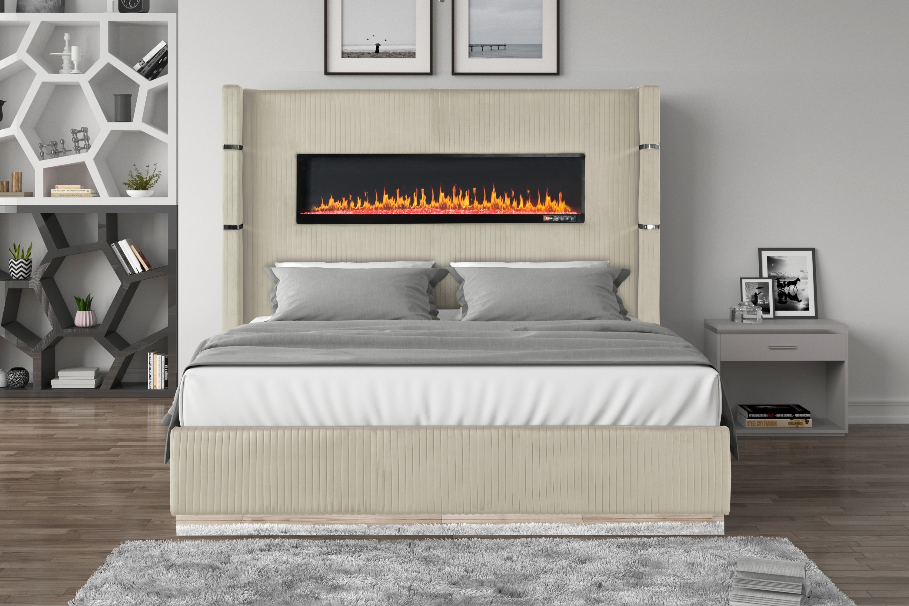LIZZELLE Upholstery Wooden King 5 PC Bedroom set with Ambient lighting in Beige Velvet Finish(NJ INVENTORY)