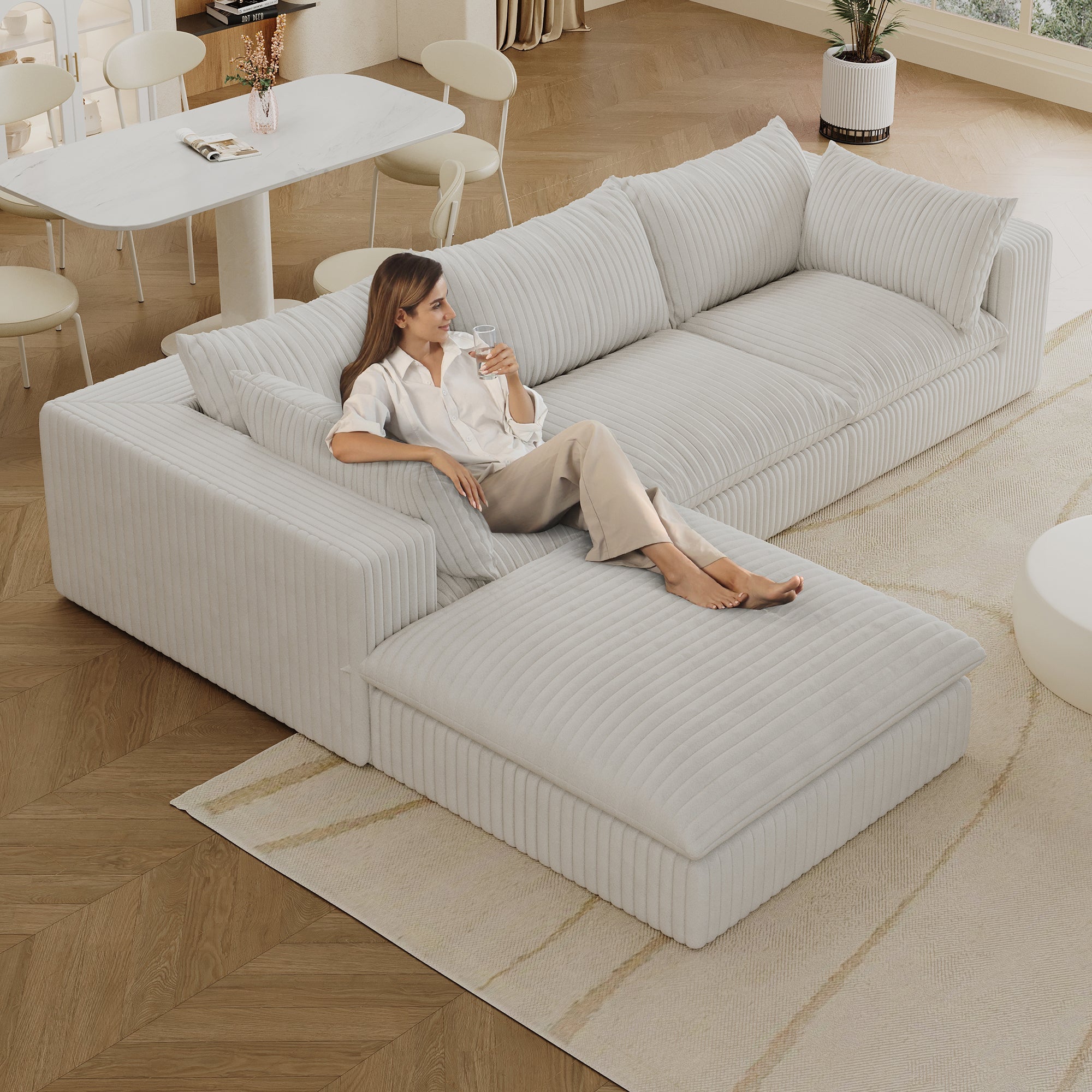 118.2' Cloud Sofa,Corduroy Fabric,Deep Seat Couches,Double-layer design,Removable Cushion,No Assembly, DIY Combination for Living room, Bedroom,Conference room ,Apartment,White
