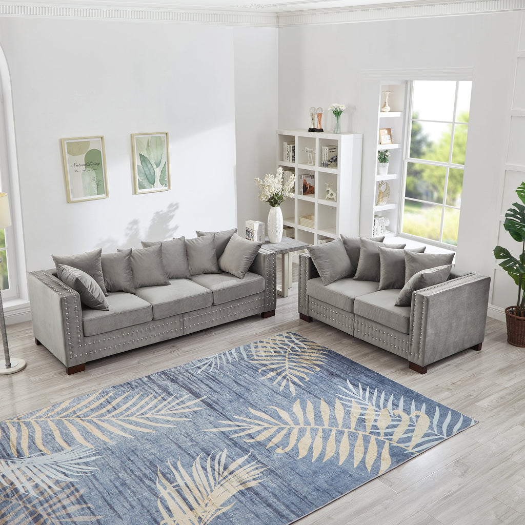 Modern Design Living Room Sofa 2+3 Seater Square armrest with Silver Nails Decoration Upholstered Velvet Couch Grey