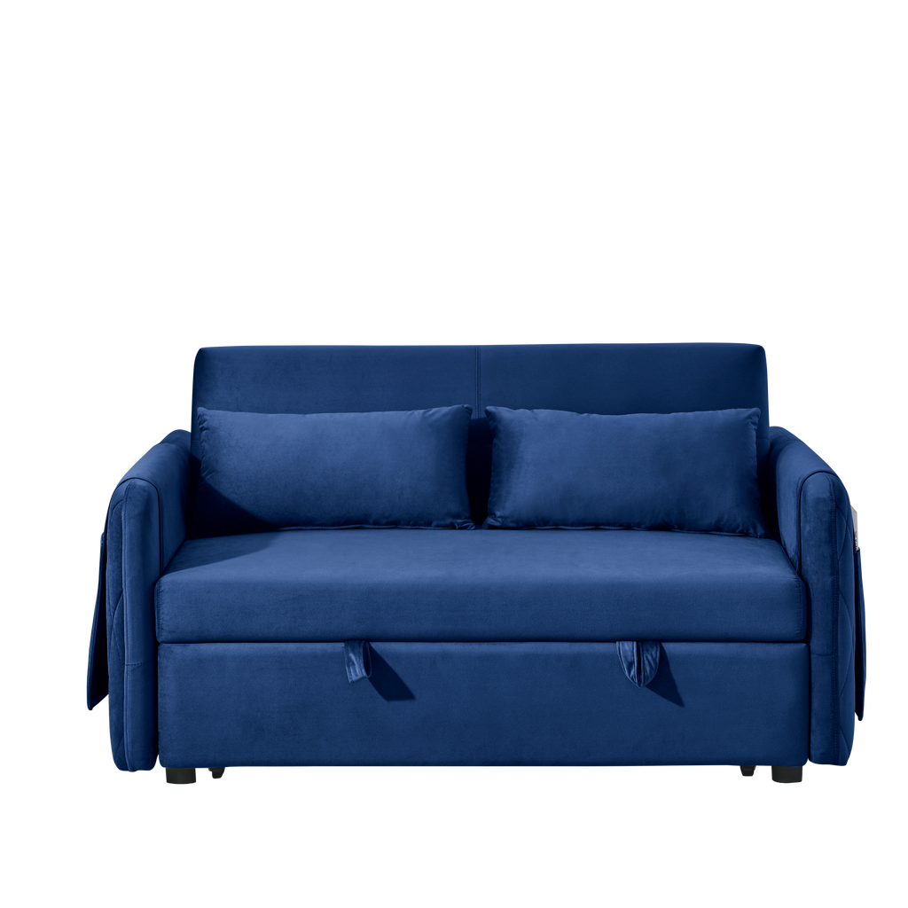 55' Modern Convertible Sofa Bed with 2 Detachable Arm Pockets, Velvet Loveseat Sofa with Pull Out Bed, 2 Pillows and Living Room Adjustable Backrest, Grid Design Armrests