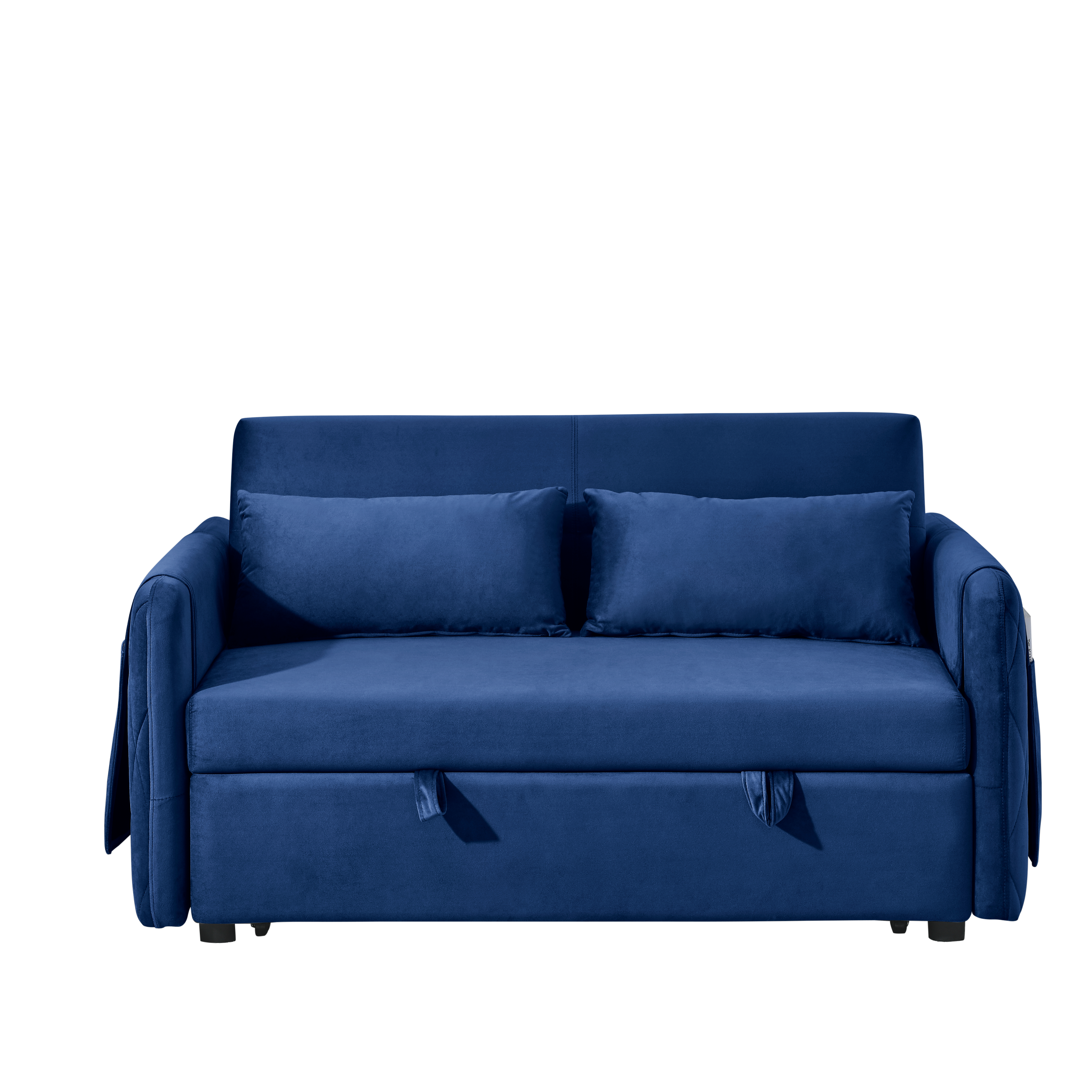 55' Modern Convertible Sofa Bed with 2 Detachable Arm Pockets, Velvet Loveseat Sofa with Pull Out Bed, 2 Pillows and Living Room Adjustable Backrest, Grid Design Armrests