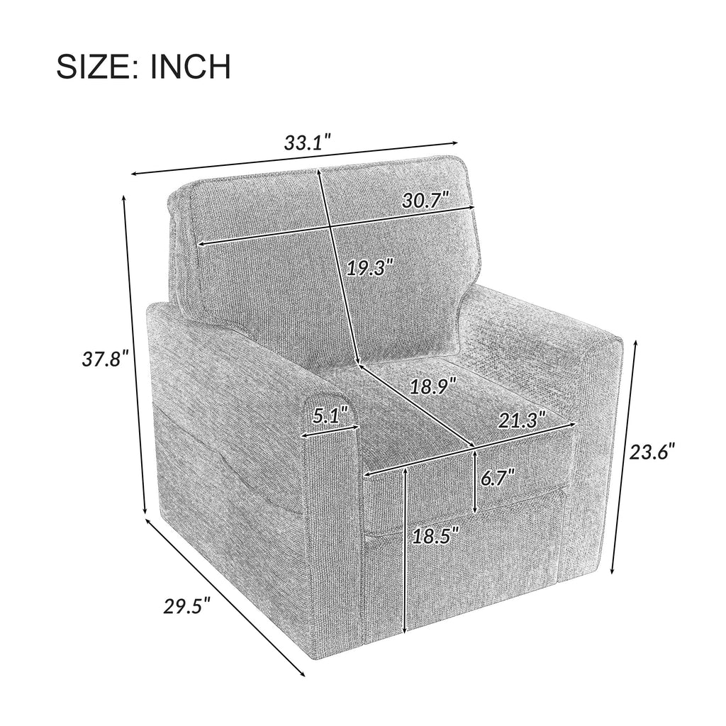 360° Swivel Chair Accent Barrel Armchair with Side Pockets, Grey Chenille, Compact Design for Living Room, Bedroom, Office