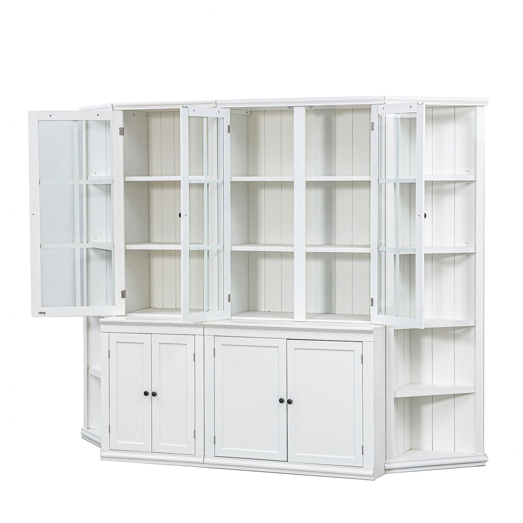Retro Style Wall Suit with Glass Doors, 75.25'' Tall Display Cabinets & Triangle Sided Bookshelves, White