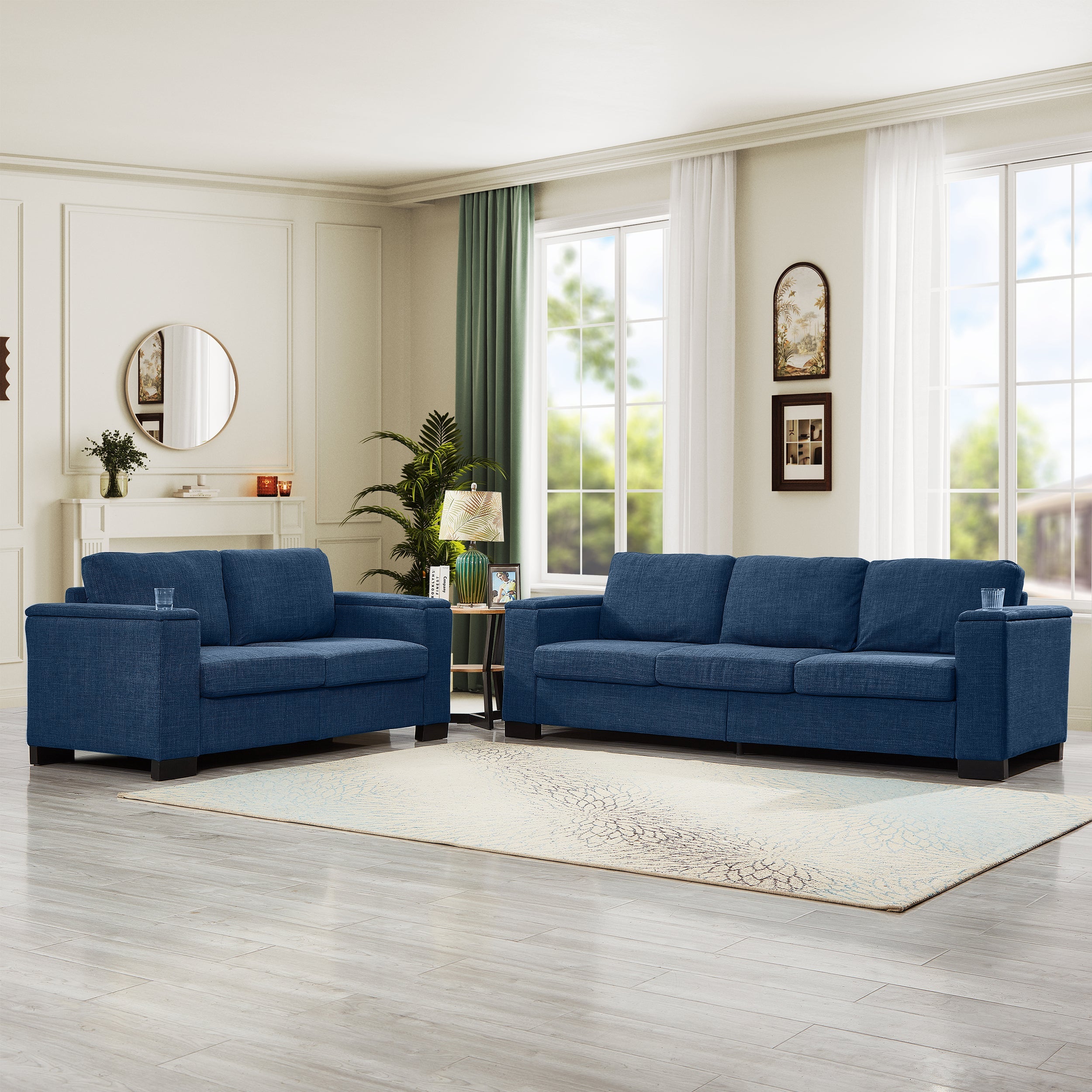 Two Pieces 2+3 Seater Sofa Modern Style Living Room Sofa Fabric Couch,Square Arm Sofa with Cup Holder,Storage Sofa,Upholstered Polyester Blue