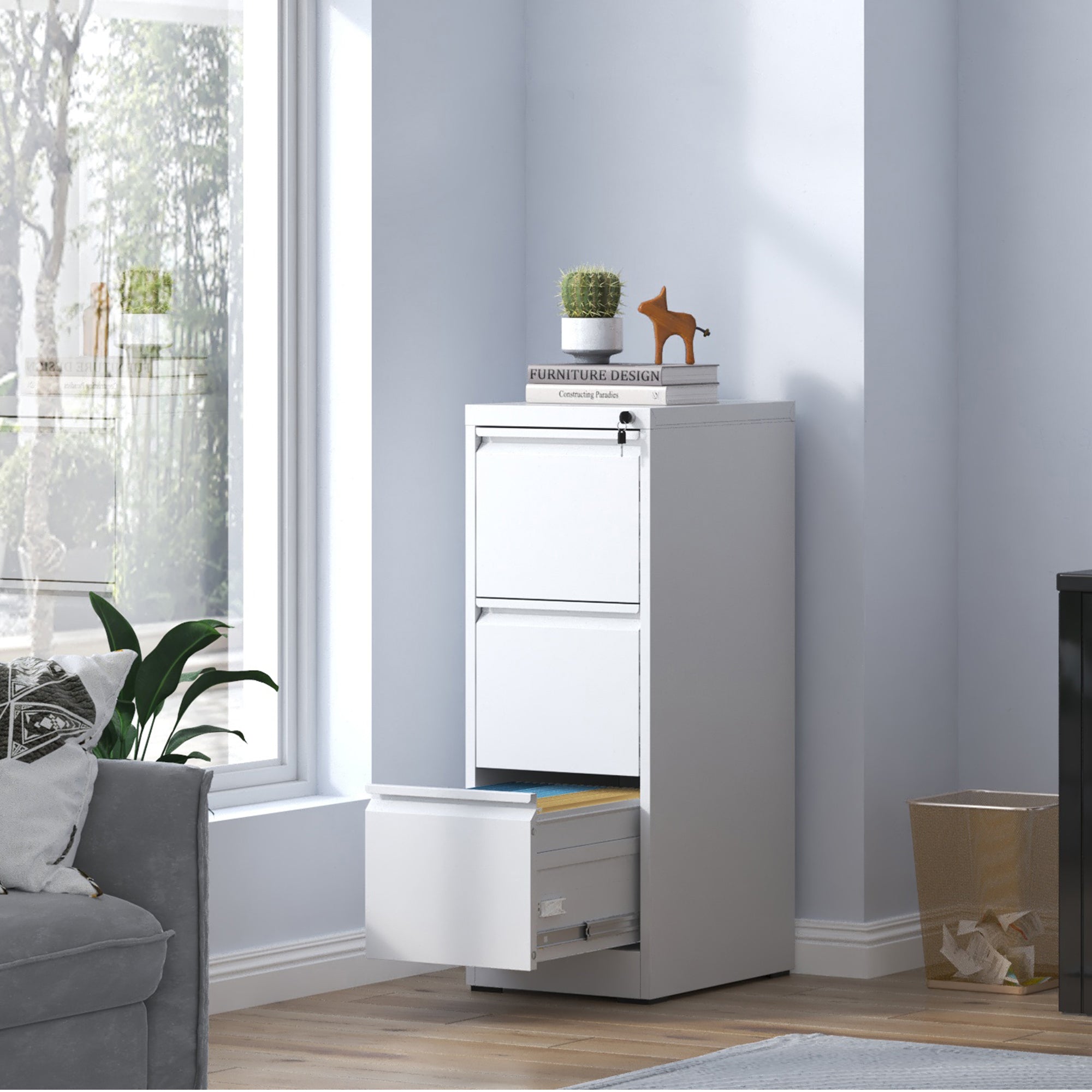 SteelCraft 3 Drawer Metal Vertical File Cabinet with Lock White Steel for A4 Legal/Letter Size
