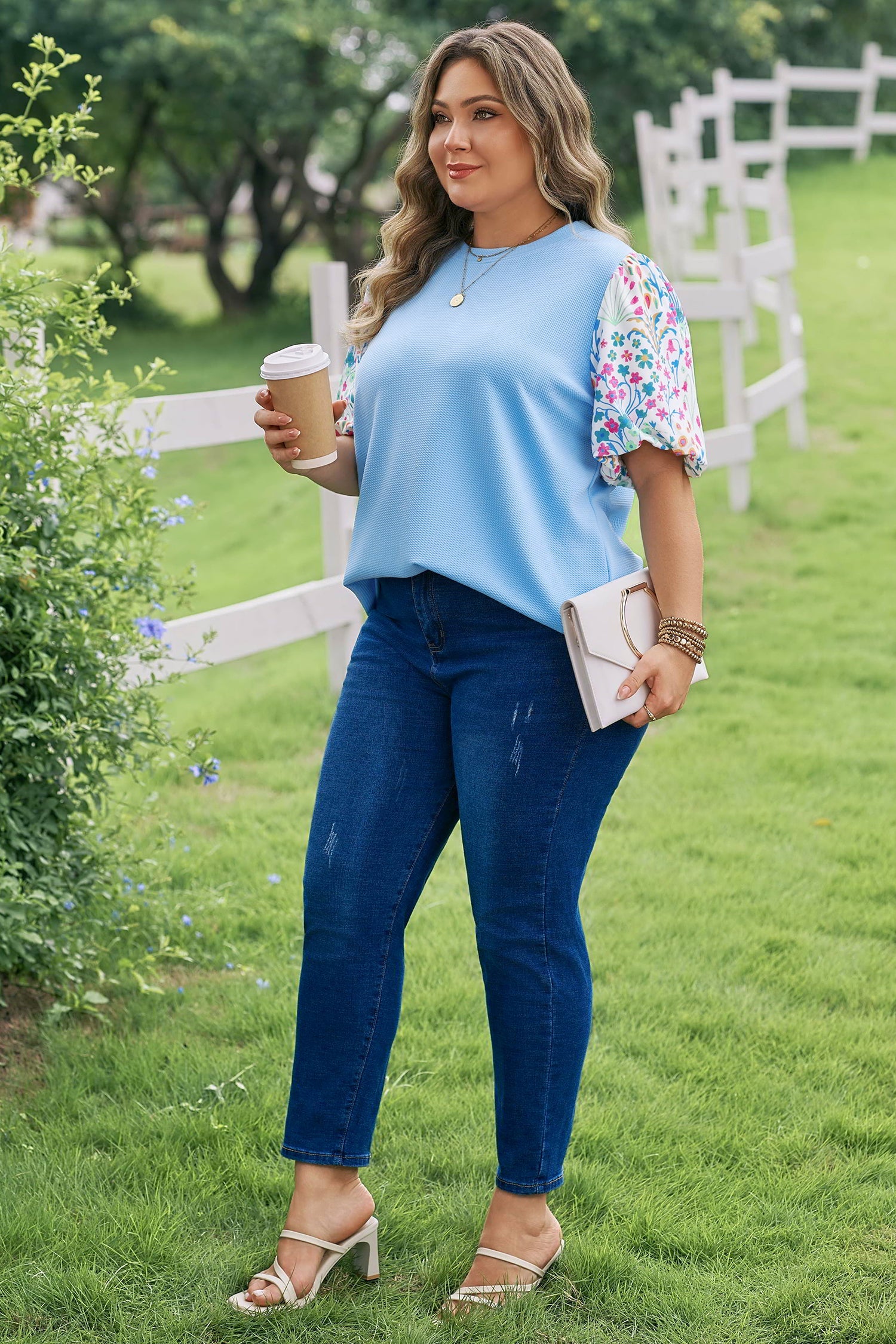 Plus Size Floral Patchwork Puff Sleeve Textured Top