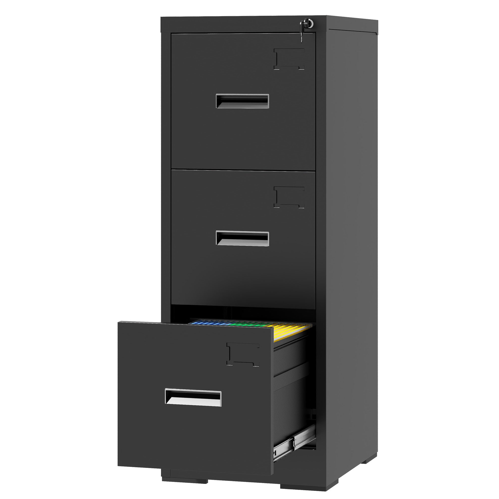 Metal Vertical File Cabinet with Lock and Card Slot for A4 Legal/Letter Size, Black, Durable Steel, 40.4H x 17.7W x 15.2L inches
