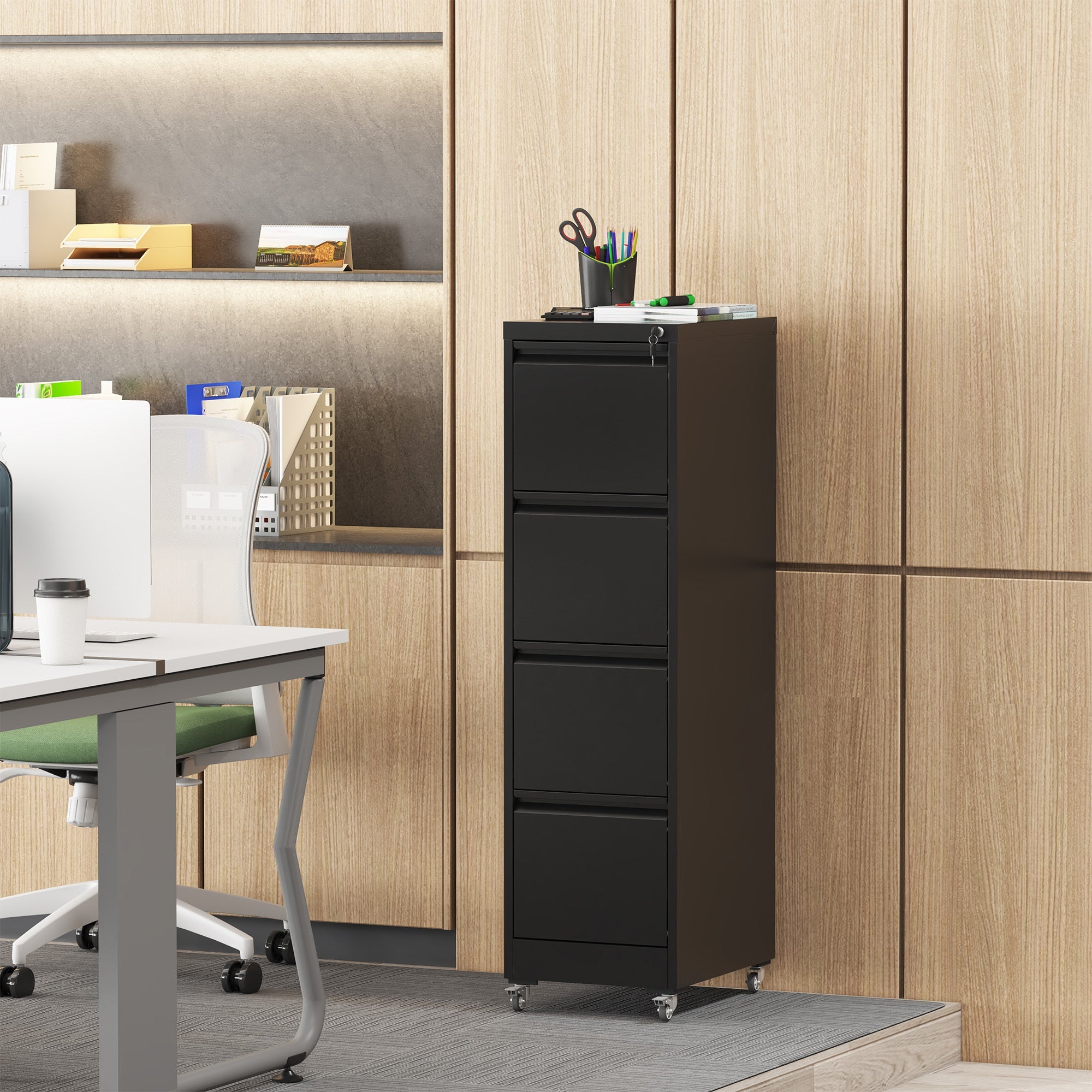 Black Heavy-Duty Metal 4 Drawer Locking Vertical File Cabinet with Wheels for Home & Office, 17.71'D x 15.16'W x 52.28'H