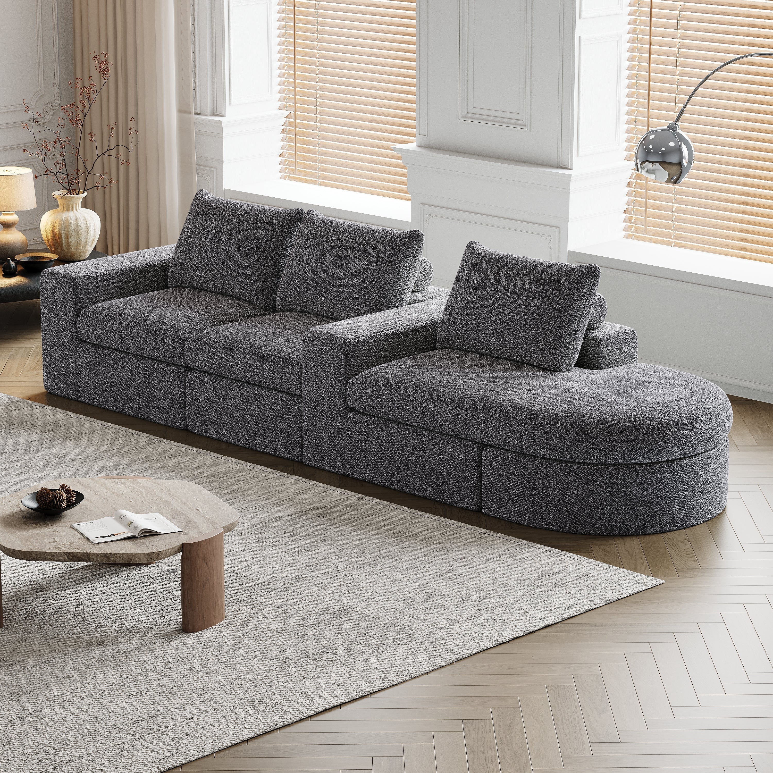 99-Inch Chenille Cloud Curved Sectional Sofa with Chaise, L-Shaped Modern Boneless Couch with Deep Seats, Chenille Sectional Sofa for Living Room and Bedroom, No Assembly Required