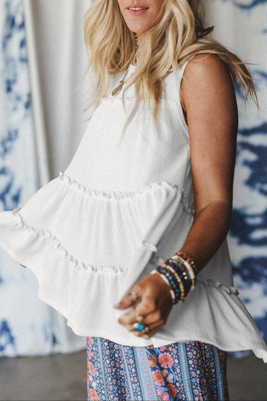 Solid Frilled Ruffle Tiered Tank Top