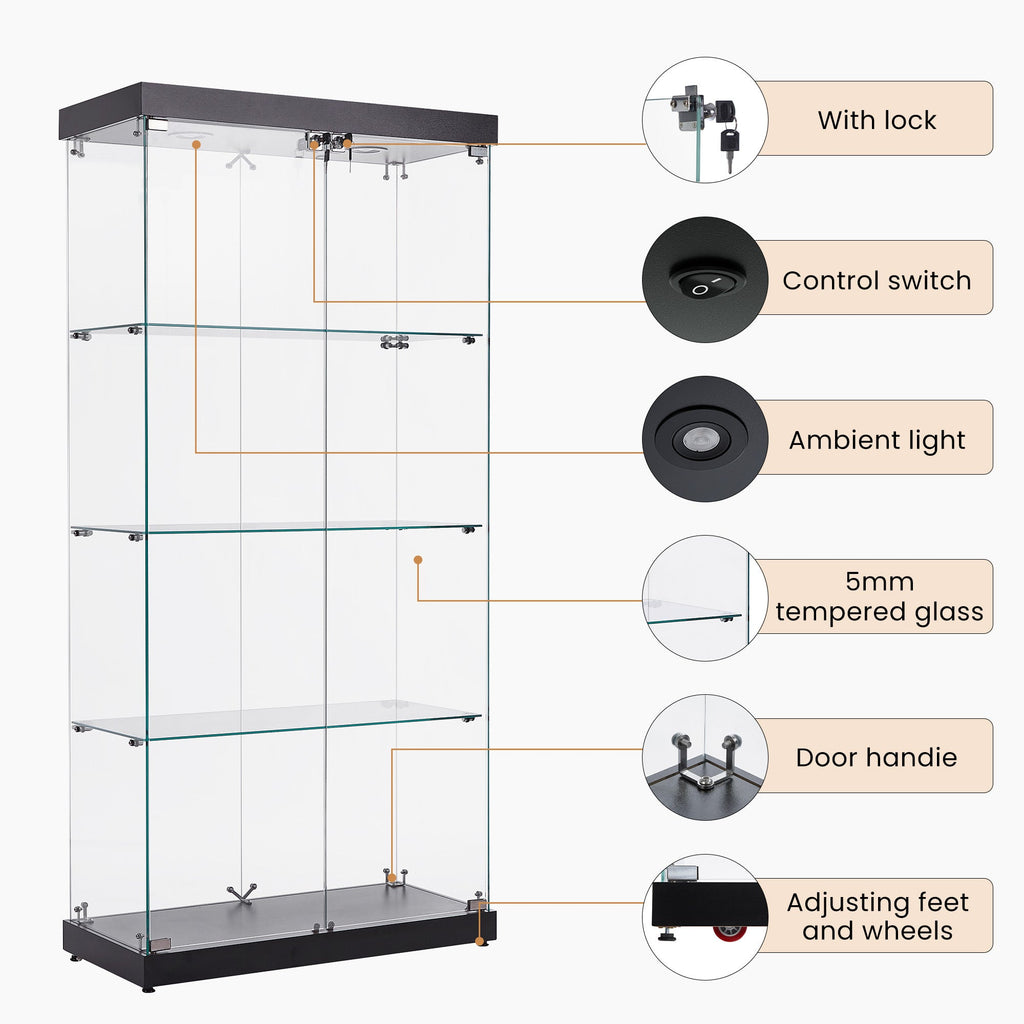 4-Tier Glass Display Cabinet, Double Door Glass Cabinet, Four Partitions, Two Locks, Floor Standing Storage Cabinet for Living Room, Bedroom, Showroom and Office, Black, 31.5'L x 14.2'W x 66.3'H