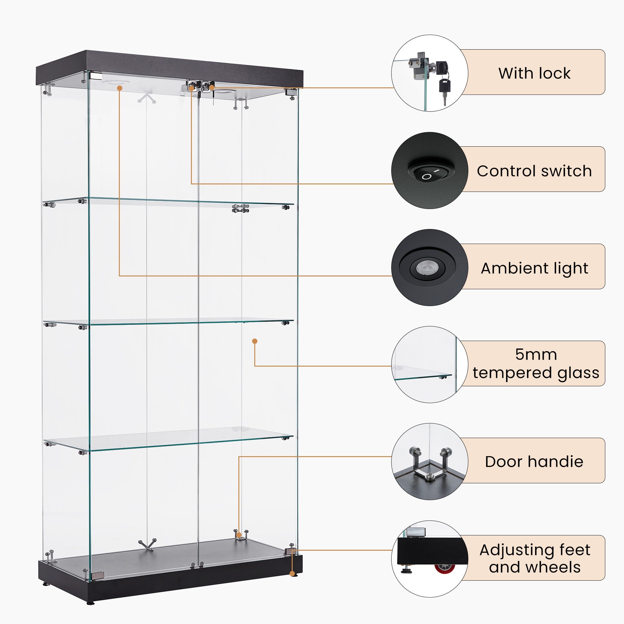 4-Tier Glass Display Cabinet, Double Door Glass Cabinet, Four Partitions, Two Locks, Floor Standing Storage Cabinet for Living Room, Bedroom, Showroom and Office, Black, 31.5'L x 14.2'W x 66.3'H