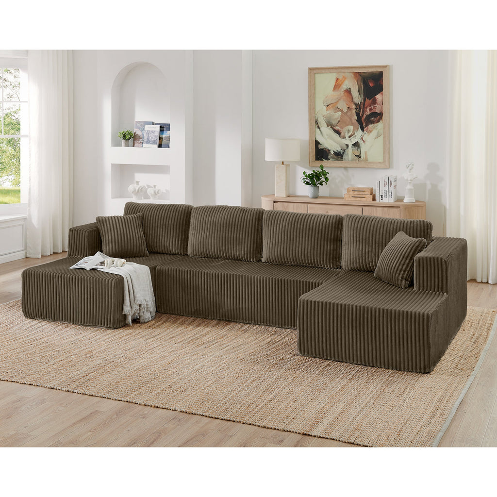 Modern Minimalist U Shape Modular Sectional Sofa, Sleeper Sofa in Corduroy, Brown