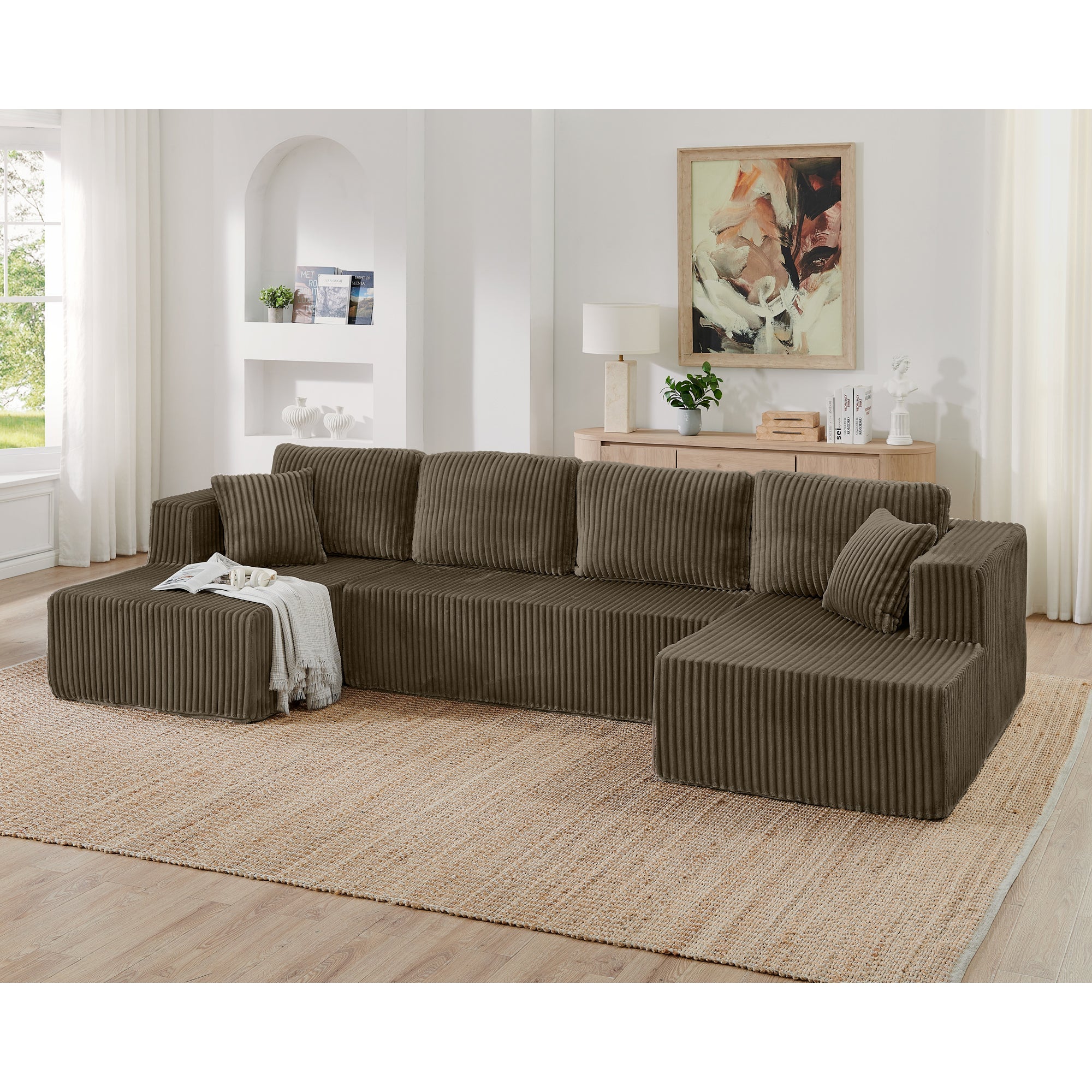 Modern Minimalist U Shape Modular Sectional Sofa, Sleeper Sofa in Corduroy, Brown