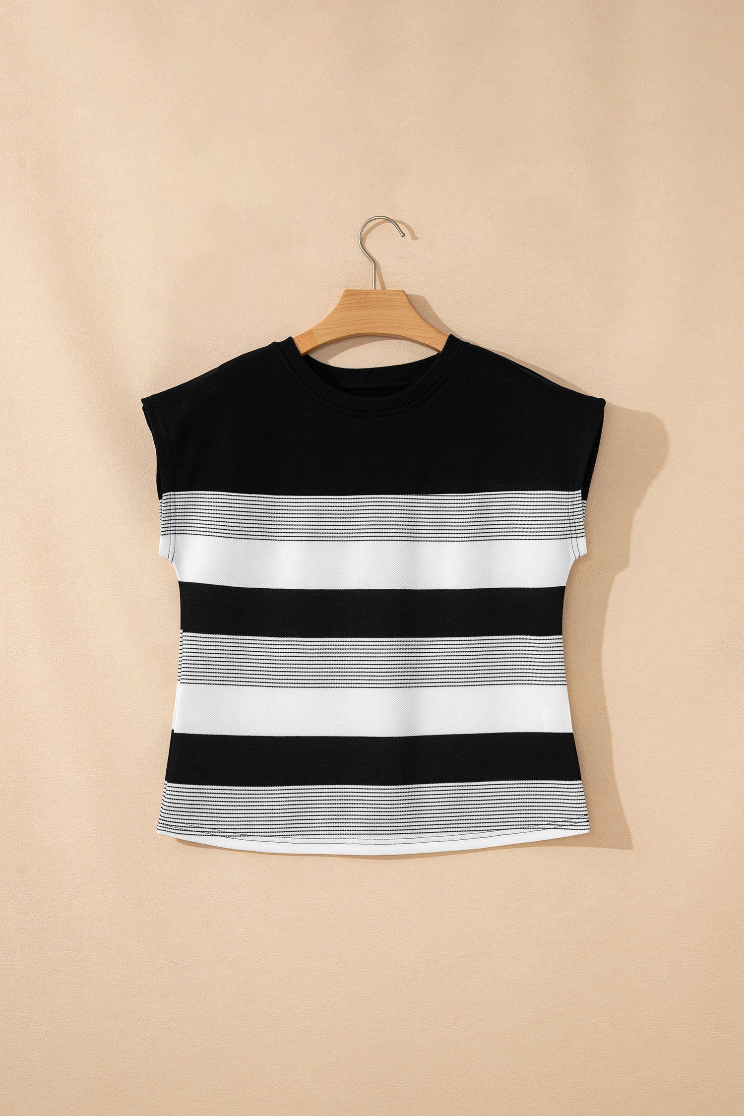 Stripe Mixed Crew Neck Cap Sleeve T-Shirt