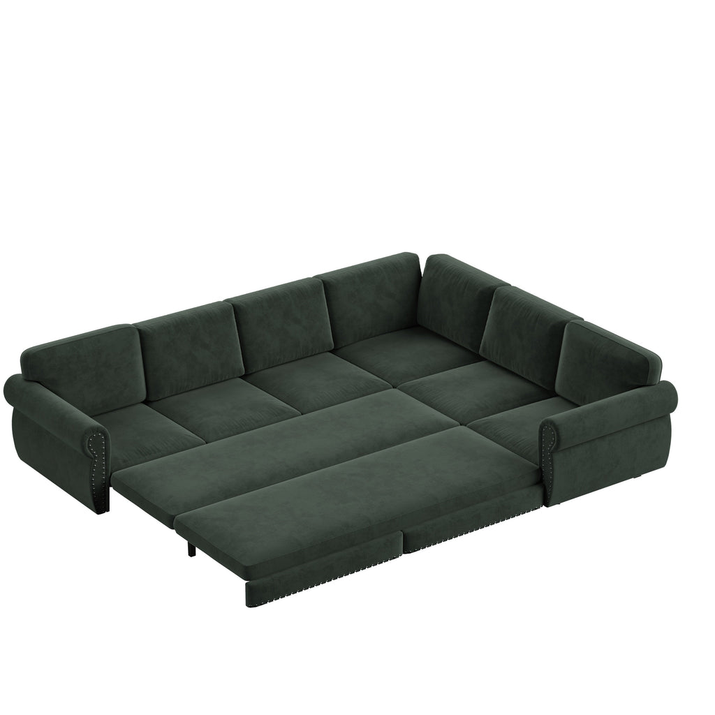 118 ' L-Shaped Sofa Couch with Pull-Out Bed, Oversize Convertible Sleeper Sofa with Nailhead Trim & Rolled Arm, Chenille Upholstered Sectional Couches, for Living Room, Apartment, Office, Green