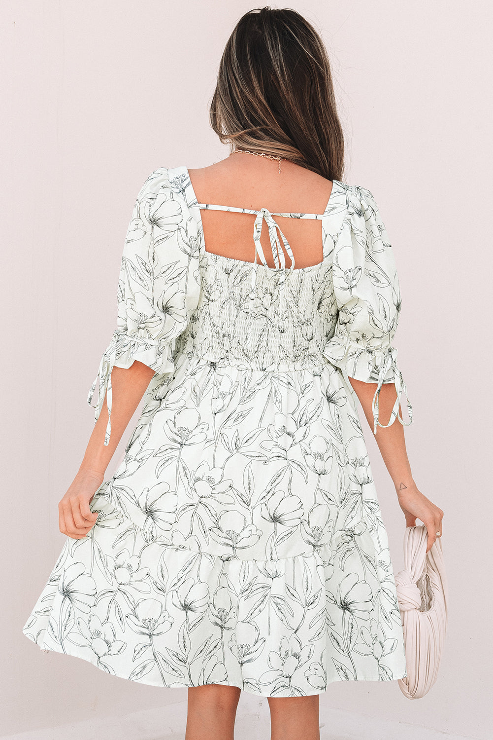 Floral Square Neck Shirred Back Mini Dress