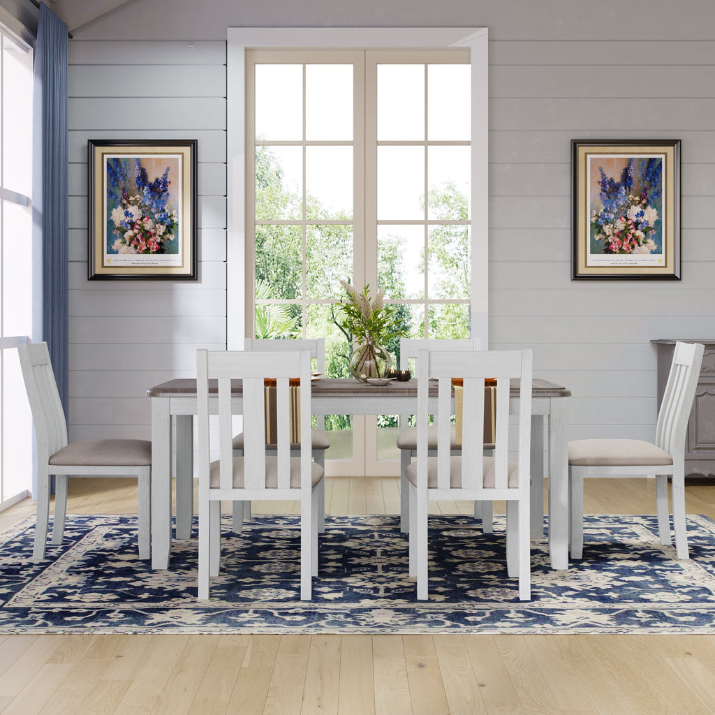 TREXM Retro Style 7-Piece Dining Table Set with Extendable Table, Upholstered Chairs, Brown+White, Solid Wood